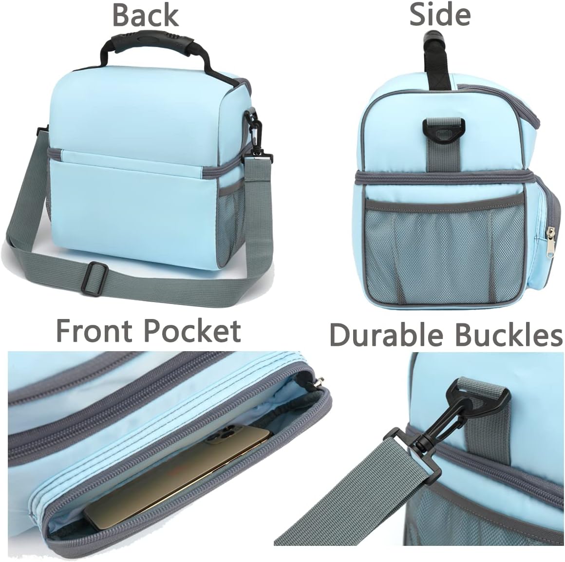 FlowFly Double Layer Cooler Insulated Lunch Bag Adult Lunch Box Large Tote Bag for Men, Women, With Adjustable Strap,Front Pocket and Dual Large Mesh Side Pockets