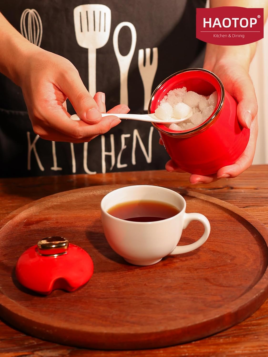 HAOTOP 12oz Sugar Bowl with Lid and Spoon,Simple Ceramic Sugar Jar Sugar Container Sugar Dispenser Coffee Bar Accessories, Modern Kitchen Countertop Canisters, Red