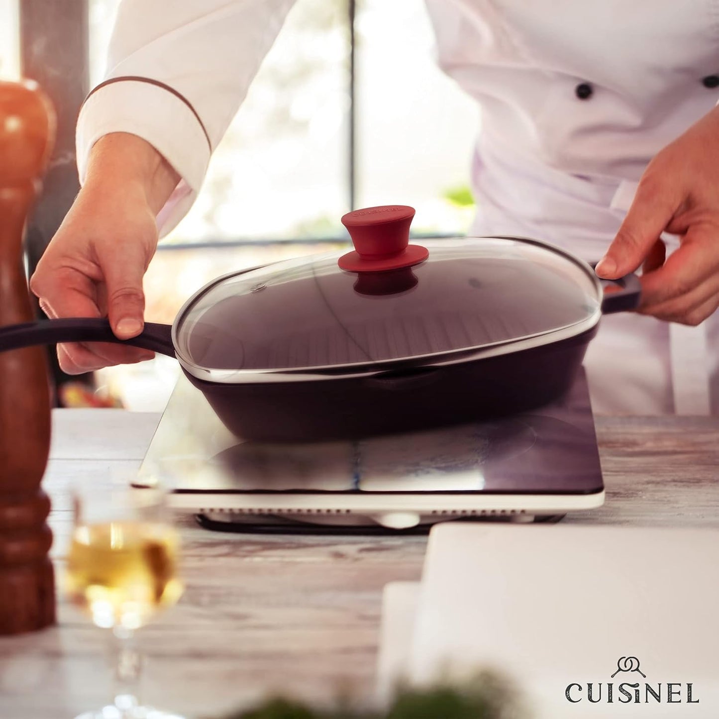 Cuisinel Square Glass Lid for Grill Pans with Steam Vent Hole - 10.5"-inch/26.67cm - Fits Lodge Cast Iron - Fully Assembled Universal Replacement Cover - Tempered and Oven Safe - Reinforced Stainless