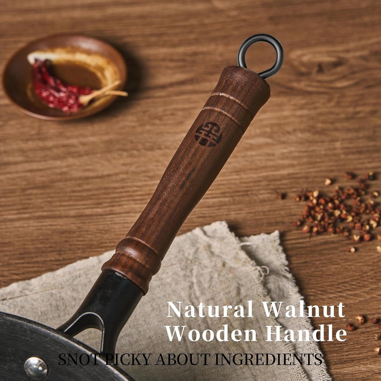 WANGYUANJI 14.17-Inch Cast Iron Chinese Wok with Round Bottom & Glass Lid - Traditional Chinese Wok for Gas Stove and Open Flame Cooking