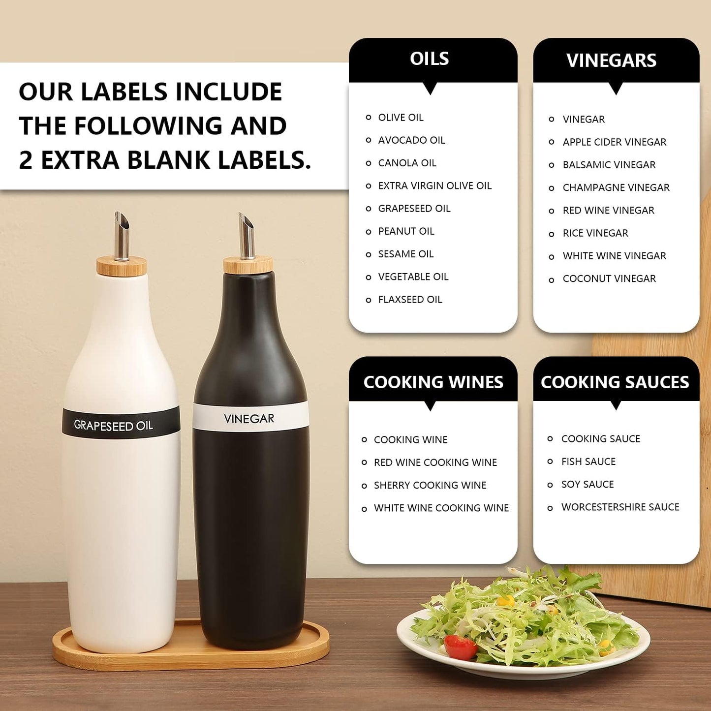 HOMCDALY Olive Oil and Vinegar Dispenser Set, Two 16oz Ceramic Oil Dispenser for Kitchen, Kitchen Dispenser Bottle for EVOO Vinegar Syrups, Modern Farmhouse Design| Set of 2 –Black &white