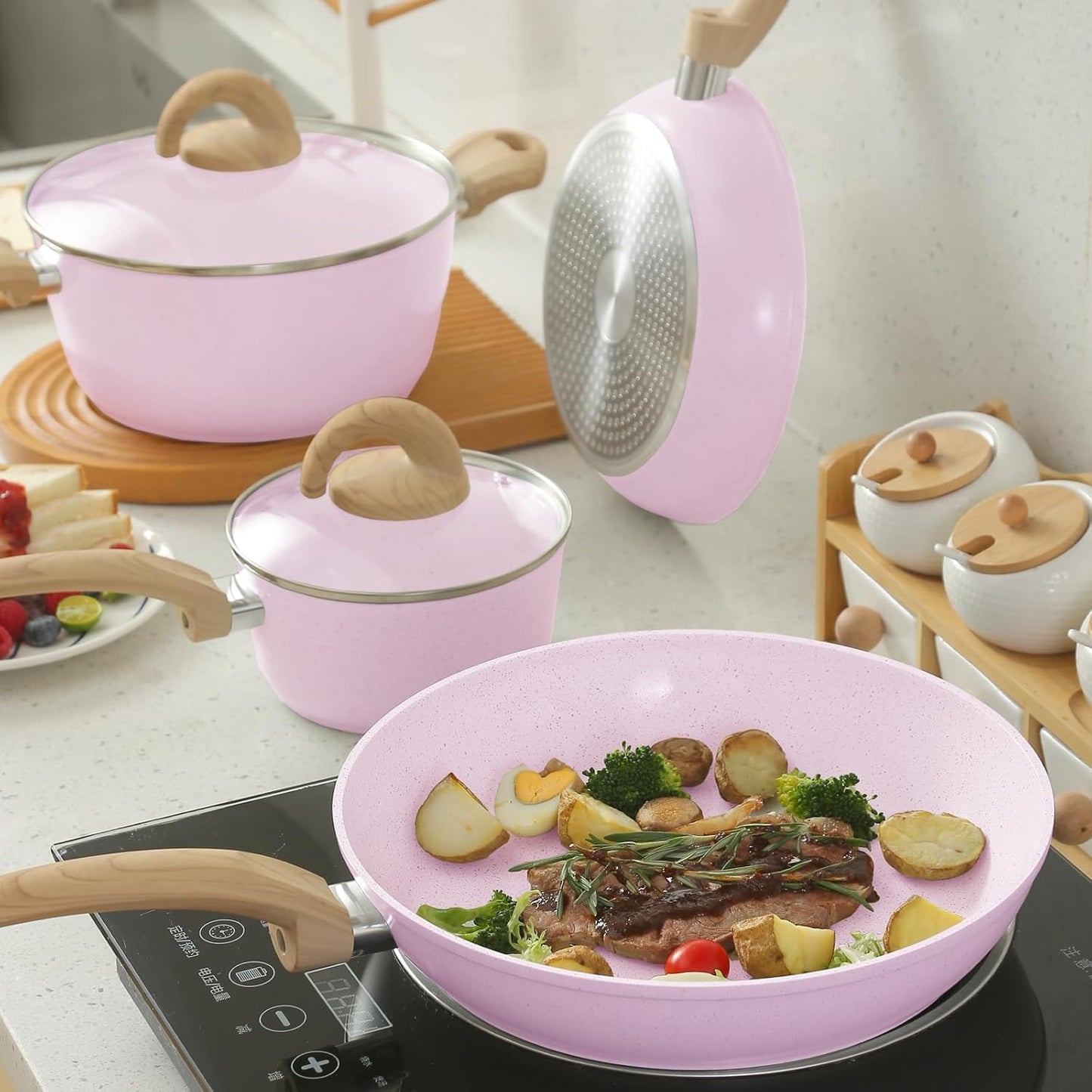 Pots and Pans Set Non Stick, Ceramic Cookware Set with Granite Pattern, Induction Kitchen Cooking Sets w/Frying Pans, Saucepans, Casserole with Lids, Non-Toxic, PTFE/PFOA/PFOS-Free, Pale Pink