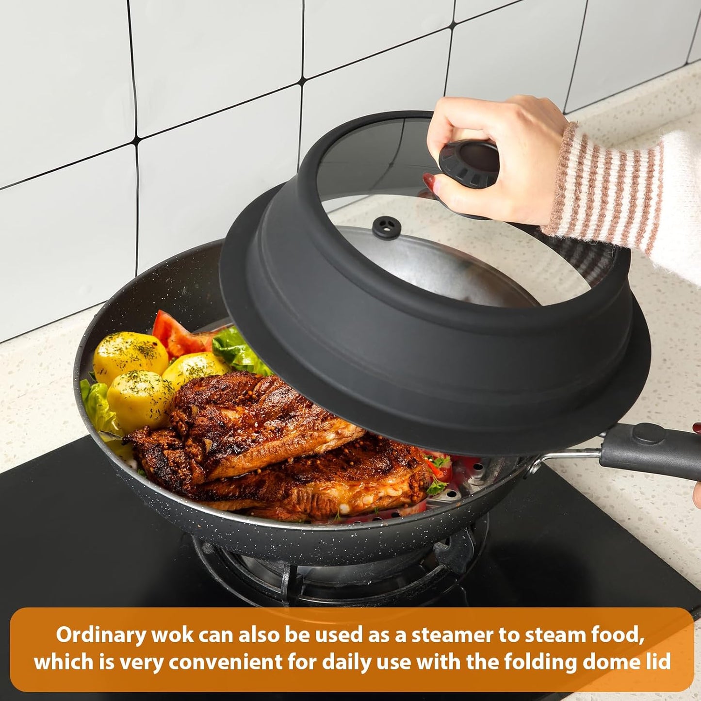 Collapsible Microwave Splatter Lid with Vented Tempered Glass Cover Wok Lid for Microwave Safe, Stockpot Steamer Pot Pan 10.5-11 inch Universal Multifunction Silicone Cover