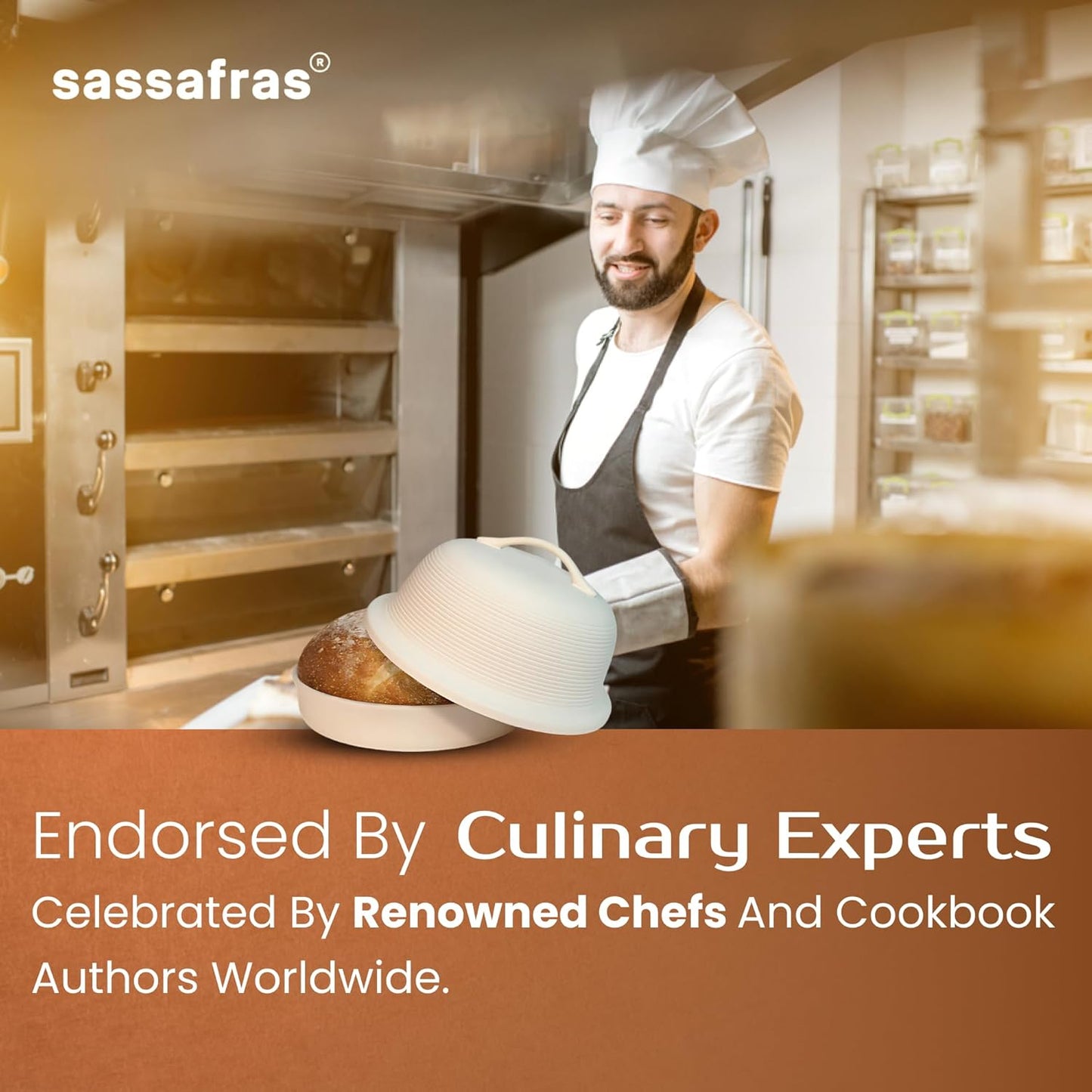 Sassafras Superstone Stoneware La Cloche Bread Baker, Unglazed, Baking Stone for Bread, Capacity 5QT 12”D x7”H with handle, Withstands Temperature 500-2100 Fahrenheit