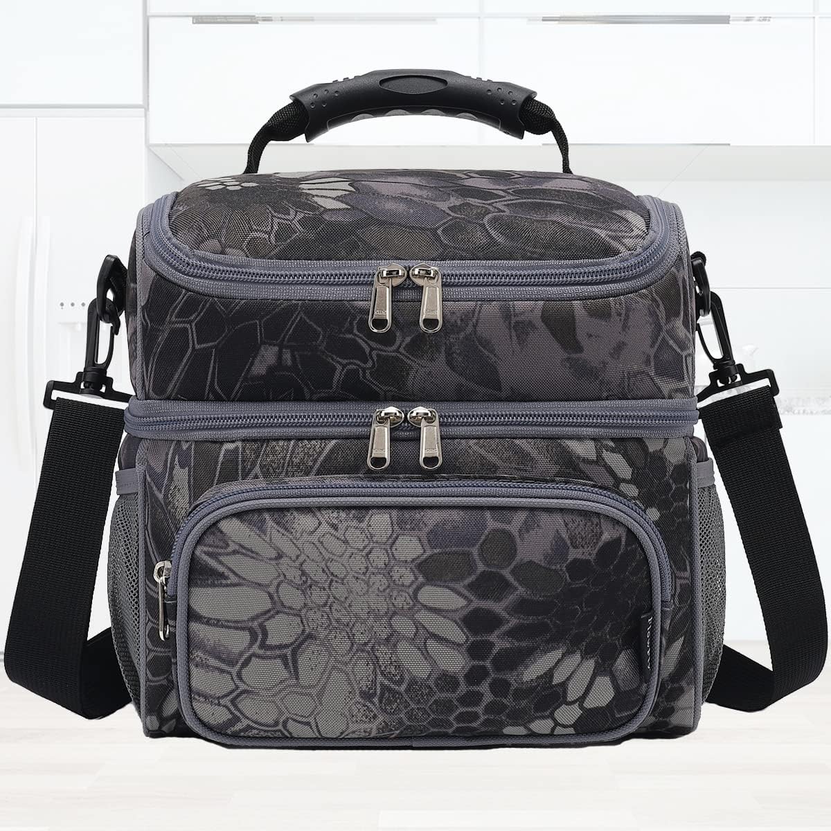 FlowFly Double Layer Cooler Insulated Lunch Bag Adult Lunch Box Large Tote Bag for Men, Women, With Adjustable Strap,Front Pocket and Dual Large Mesh Side Pockets