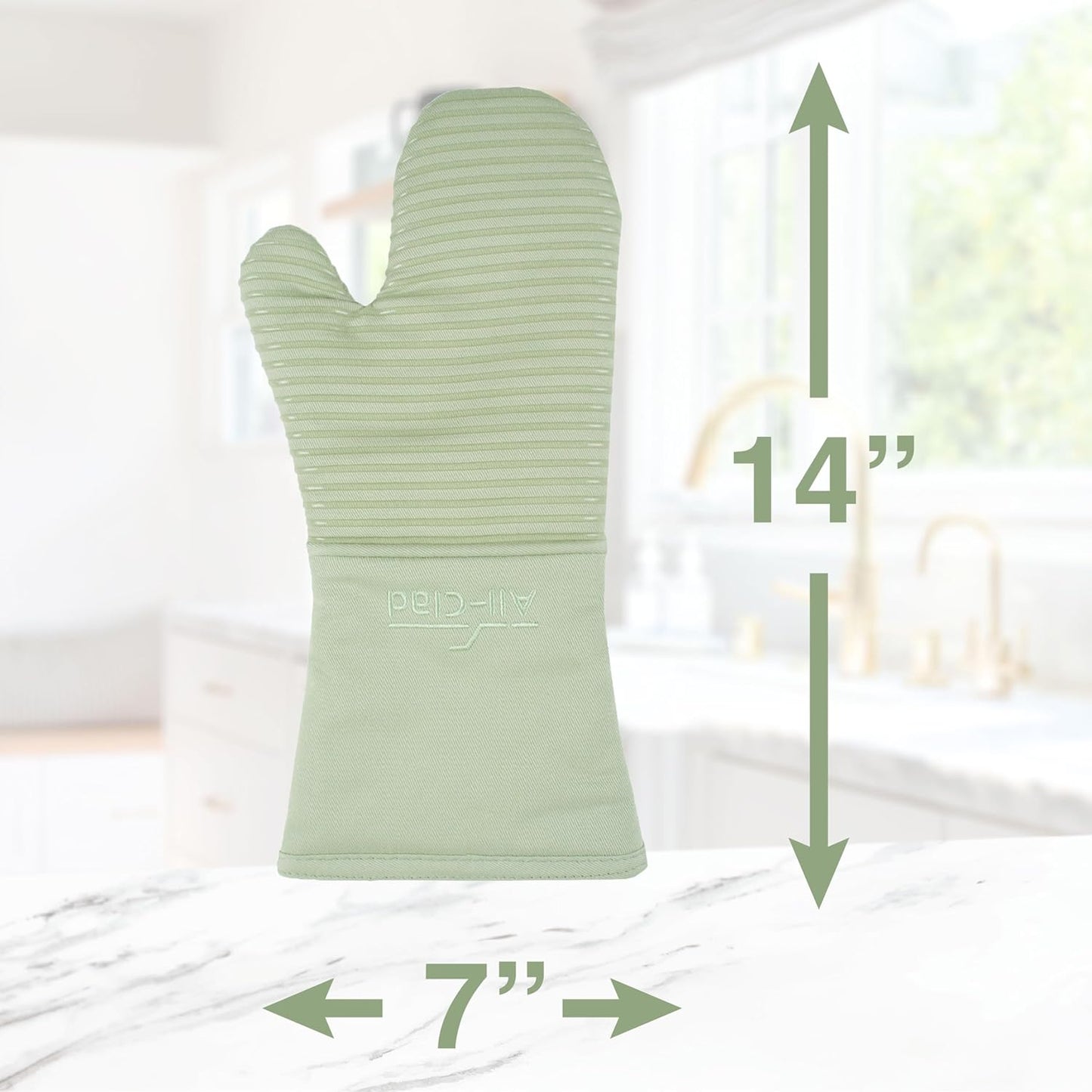 Extra Long Silicone Oven Mitts Heat Resistant 500 Degrees, 1 Pack, 14"x7" Fennel, All-Clad Kitchen Textiles