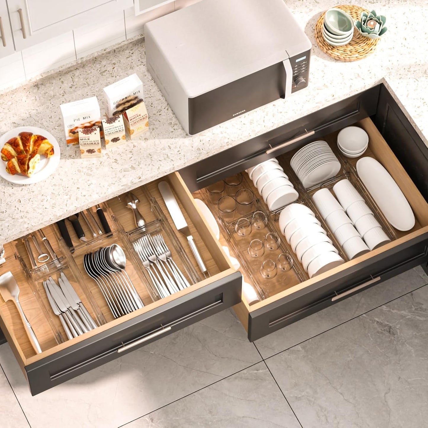 HiYZ Expandable Drawer Dividers with Inserts - Adjustable Drawer Organizers Separators for Kitchen, Bedroom, Dresser, Office, 8 Long Dividers(12.6-22.8 IN) with 16 Inserts(3.9-7.1 IN) - Clear