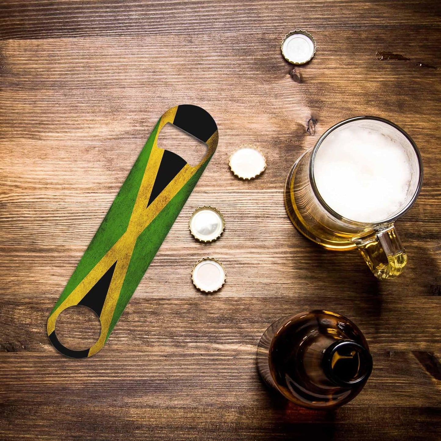 Jamaican Flag Stainless Steel Bottle Opener Vintage Geometry Texture Design Black Green Triangle Gold Stripe Flat Beer Bottle Opener Keychain for Home Kitchen Bar Restaurant Party Gift