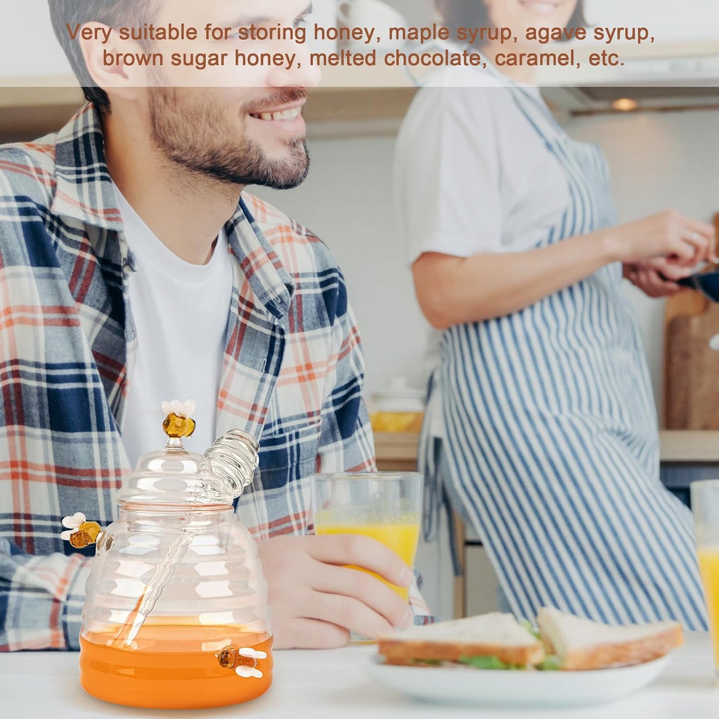 Honey Jar with Dipper and Lid Glass Honey Pot Container Dispenser, Honey Server for Tea, Bee Gift for Women, Crystal Beehive Honey Jar for Kitchen, Table Centerpieces, Tea Bar (15 oz)