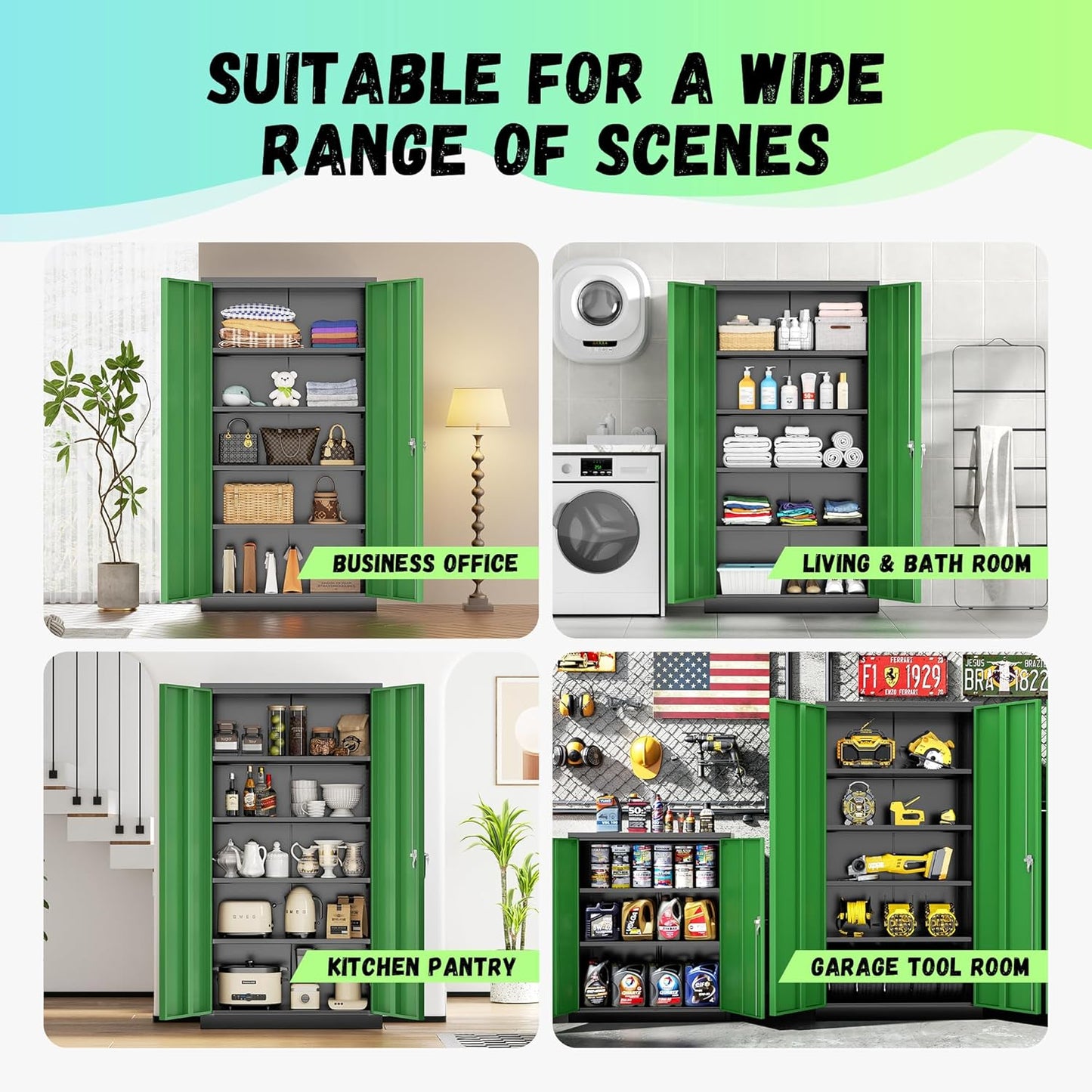 INTERGREAT Metal Storage Cabinet, 72" Locking Storage Cabinets with Doors and 4 Shelves, Tall Tool Storage for Garage, Steel Lockable Cabinet Metal Locker for Home Office, Black Green