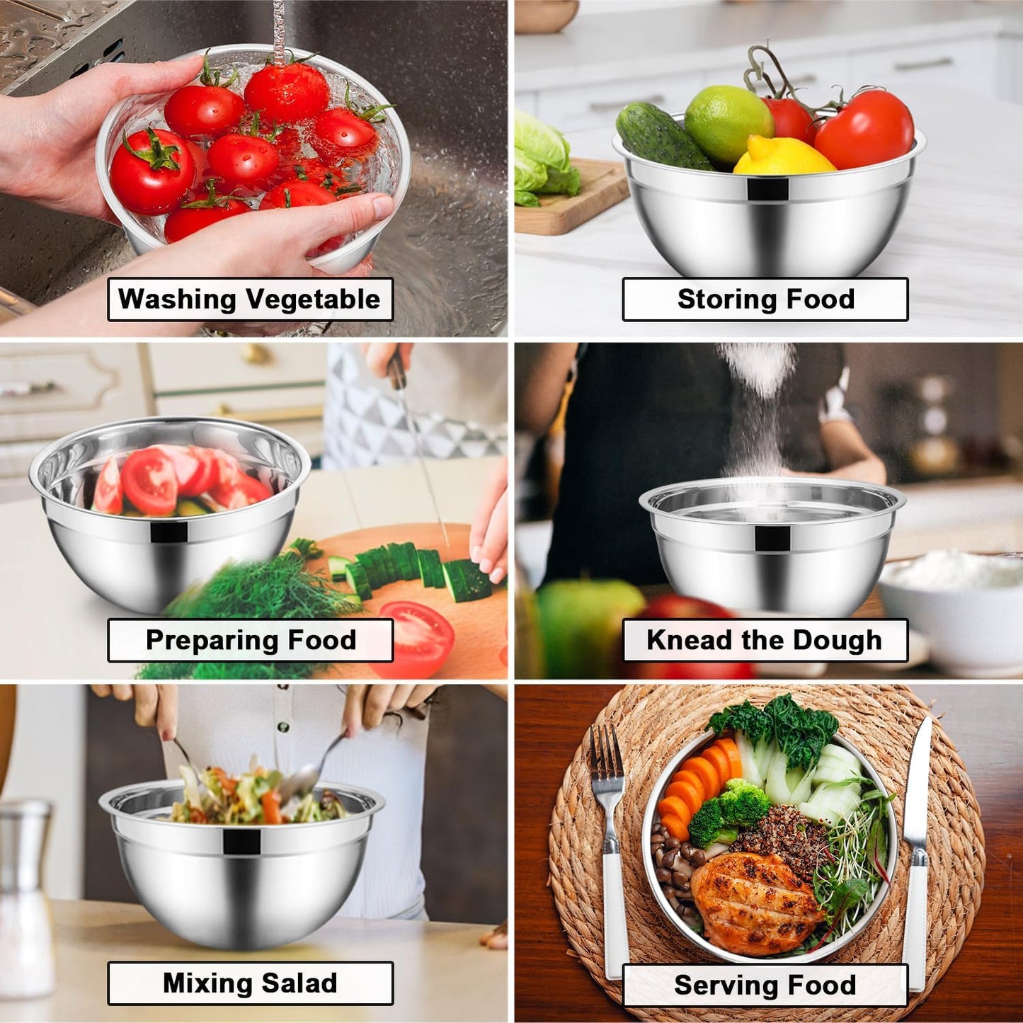 E-far Mixing Bowls Set of 7, Stainless Steel Mixing Bowls with Airtight Clear Lids, Metal Nesting Bowls for Kitchen Prep, Baking, Serving, Dishwasher Safe, Size 4.6, 3.5, 3, 2, 1.5, 1, 0.7QT, Black