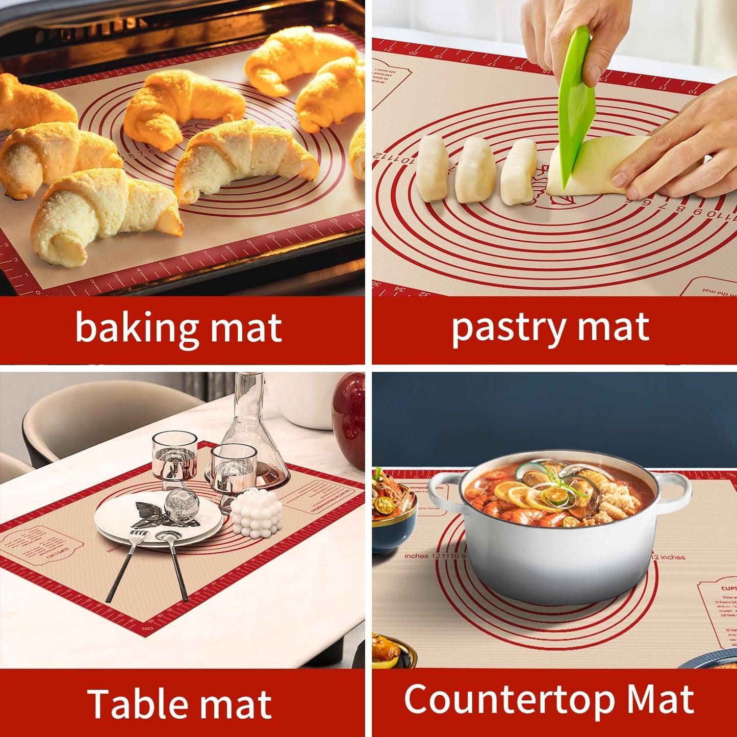 Silicone Baking Mat, Reusable Non-Stick Pastry Mat for Rolling Out Dough, Pizza Crust Pie Baking Mat, Cookies, Cake, Bread, Chocolate, Pastry, Oven Mat