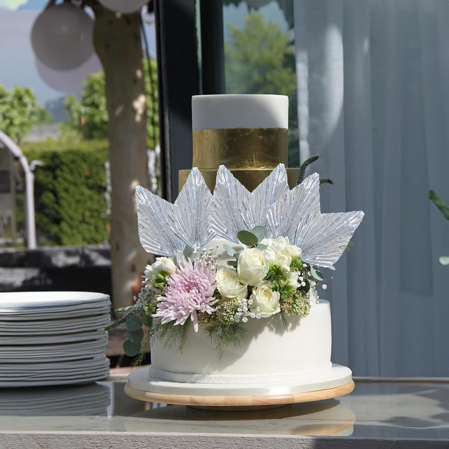 Gyufise 6Pcs Paper Palm Fan Cake Topper Palm Leaf Fan Cake Pick for DIY Bakeware Craft Project Home Made Wedding Bridal Shower Birthday Anniversary Party Cake Decorations Supplies Metallic Silver