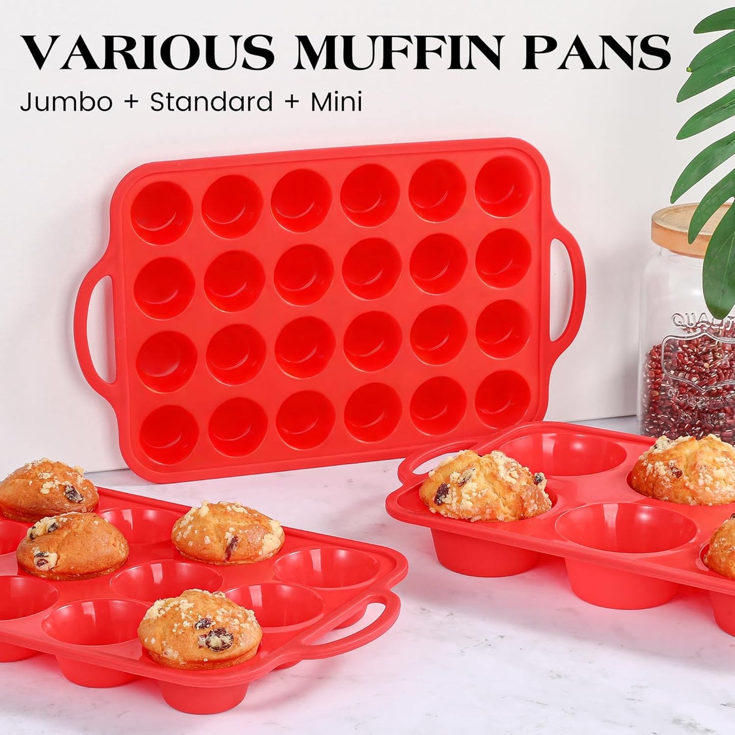 Silicone Mini Muffin Pan With Stainless Steel Reinforced Frame 24 Cups Nonstick Cupcake Molds for Baking Silicone Muffin Tray with Handles(1 Pc, Red)