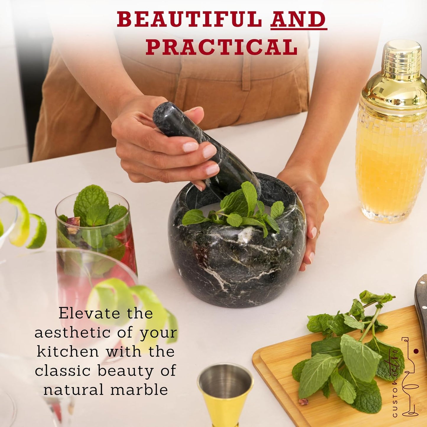 Gusto Nostro Natural Marble Mortar and Pestle Set | 6 Inch - 3.5 Cup Extra Large Mortar Pestle Set for Grinding Herbs, Nuts, Grains | Pesto Grinding and Guacamole Stone Bowl | Marble Spice Crusher