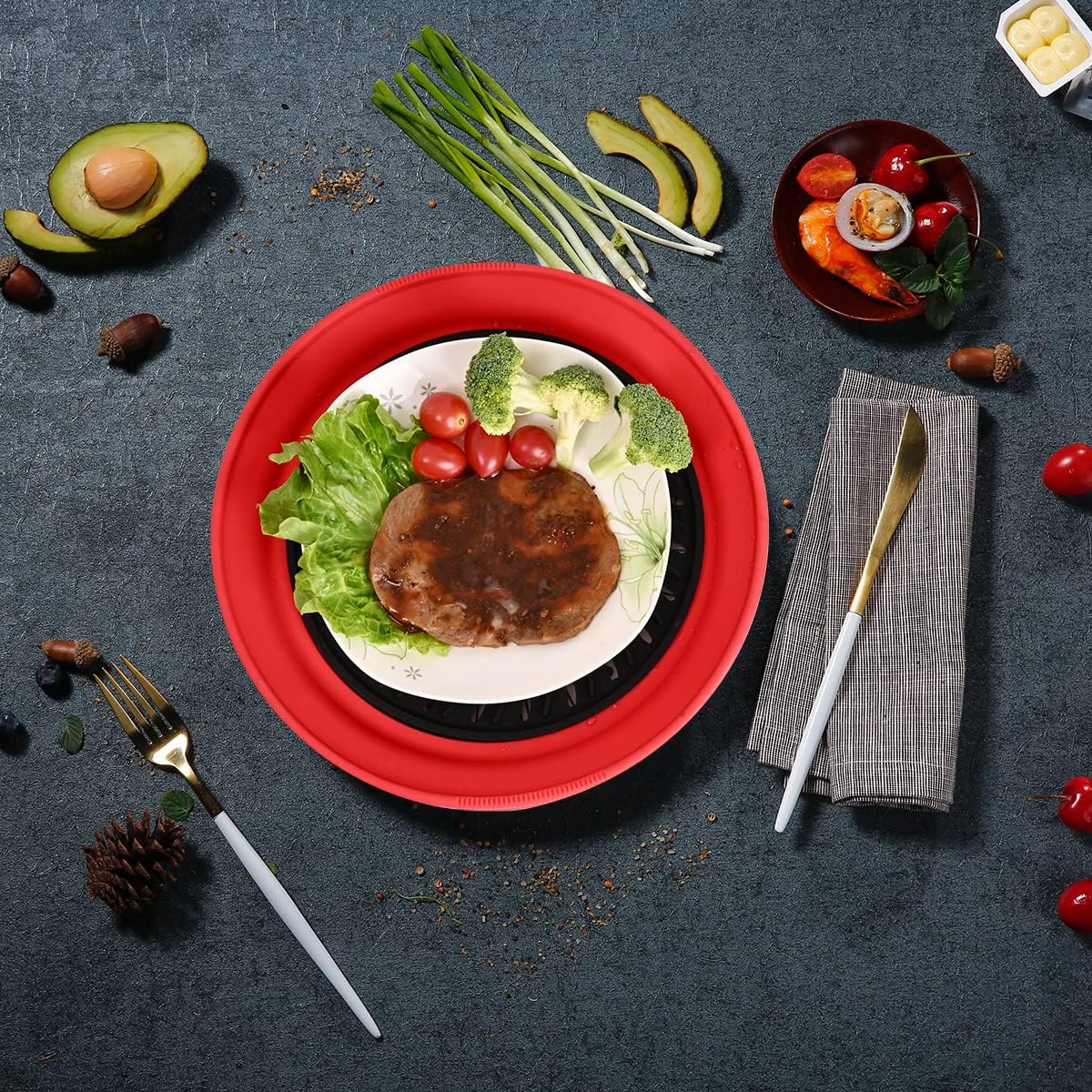 Microwave Splatter Silicone Cover Collapsible, Vented Multifunction Splash Lid with Glass Dish Bowl Plate for Food Cooking Bacon Maker, Dishwasher Safe BPA-Free 10.5 inch Cookware Set with Gloves