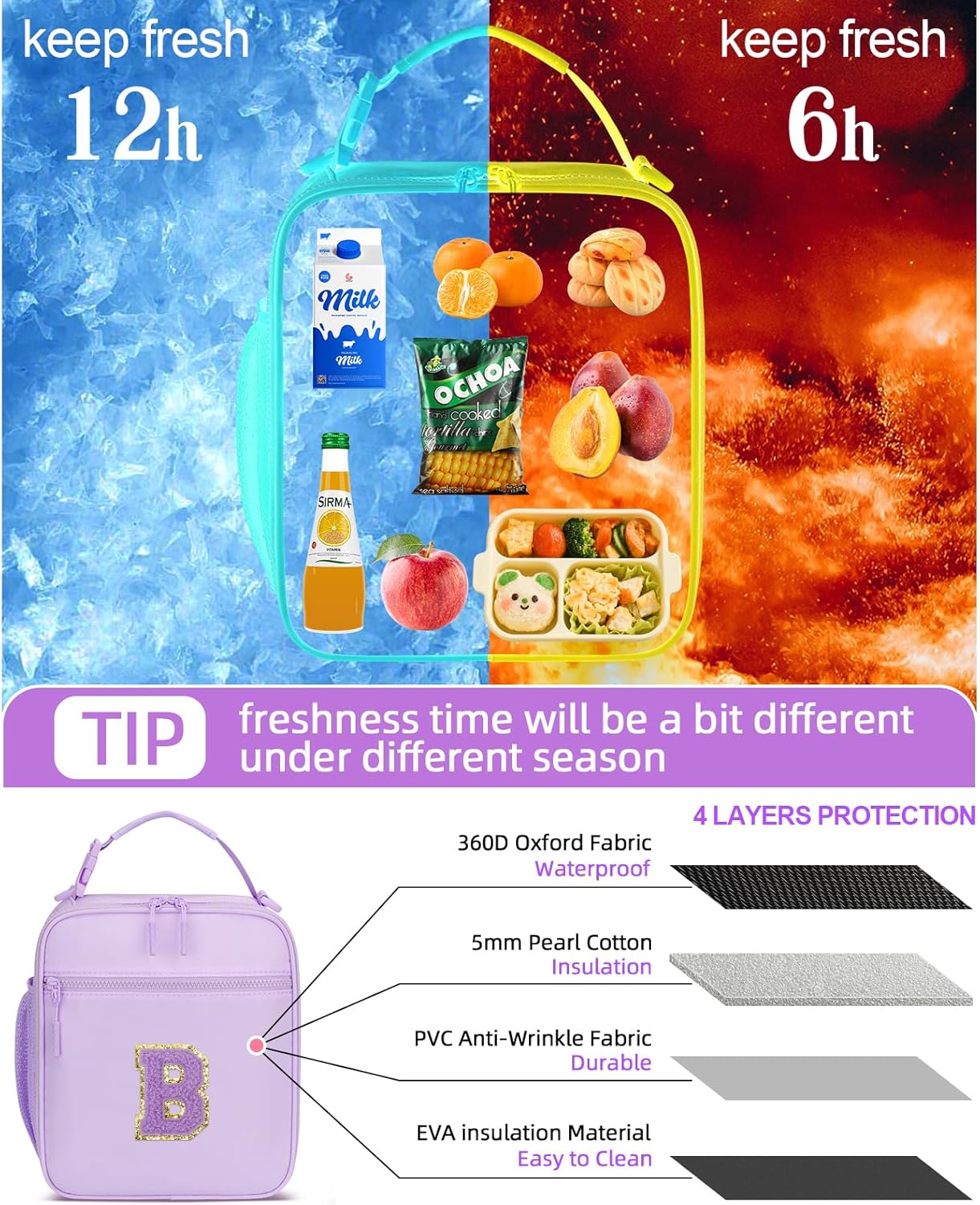 Initial Insulated Lunch Bag for Girls Kids, Back to School Gift, Reusable Leak-proof Lunch Box with Adjustable Strap for School Daycare Travel Picnic (Purple,B)