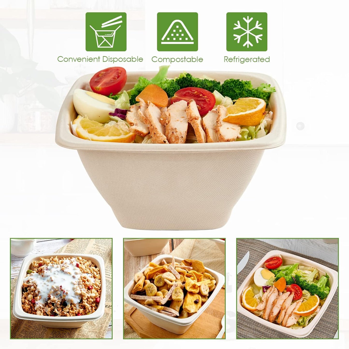 Vplus 100 Pack 42 OZ Paper Bowls Bulk, Square Disposable and Compostable, Eco-friendly Bagasse, Heavy-duty Bowls Perfect for Milk Cereals, Snacks, Salads