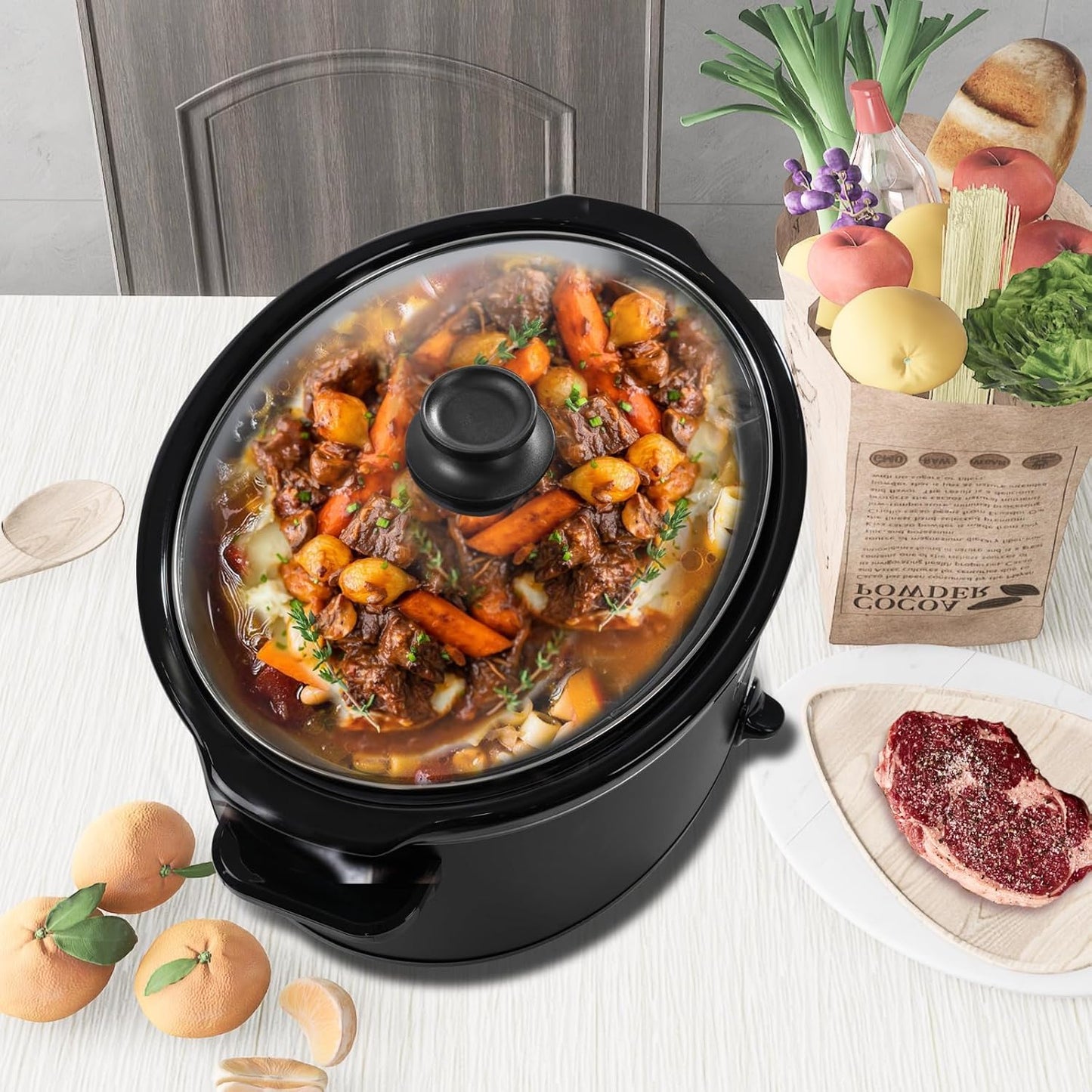 HOMECOOKIN 6 Quart Slow Cooker Oval Manual Pot Food Warmer with 3 Cooking Settings, Black Stainless Steel