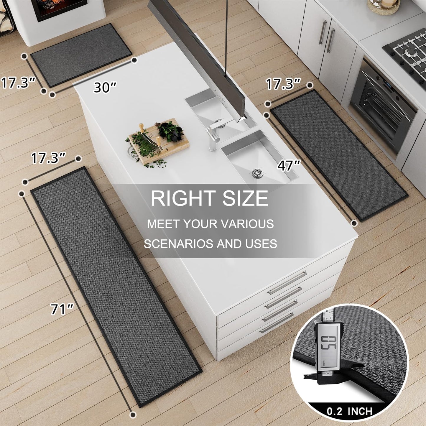 Kitchen Mat Set of 2 PCS, Cushioned Non Slip Rugs for Kitchen Floor, Absorbent Runner Comfort Standing Mats Washable for Kitchen, Office, Home, (Black, 17.3"x47"+17.3"x71")