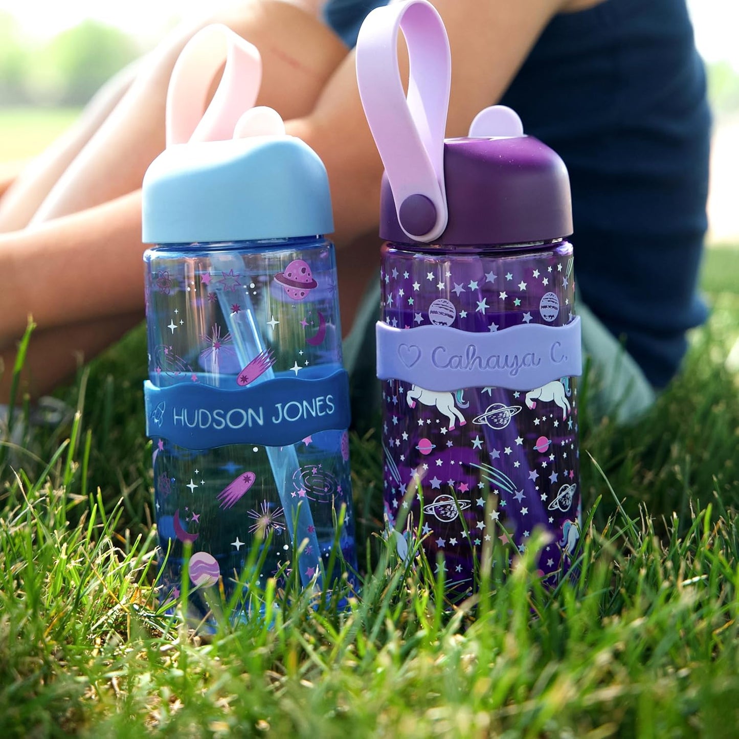 InchBug Orbit Labels - Baby Bottle Name Labels for Daycare, Sippy Cup Bands - Engraved Silicone, Reusable, Dishwasher Safe, White Contrasting Personalization, 4-Pack (Grape Juice)