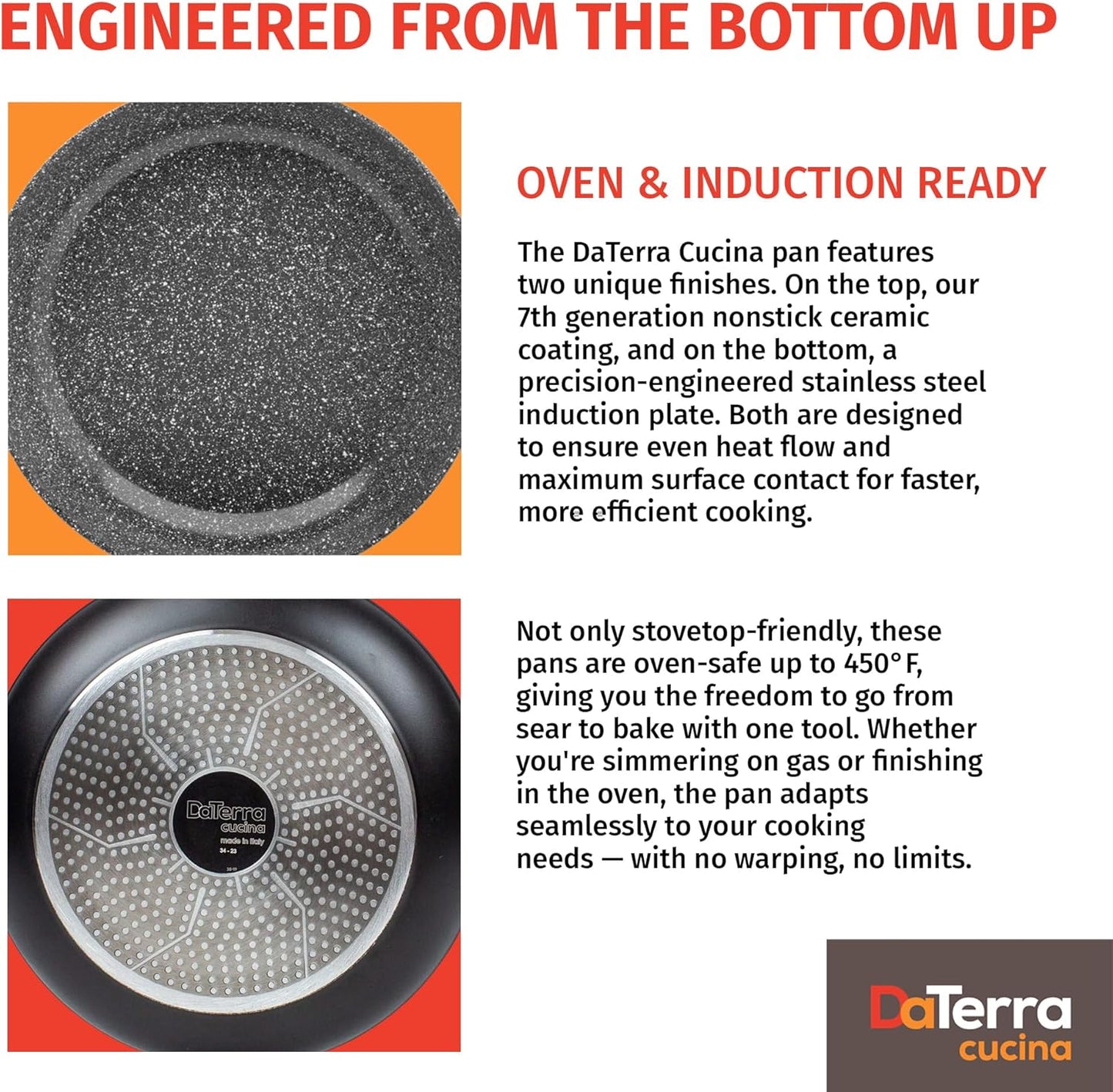 DaTerra Cucina - 9.5" Nonstick Ceramic Frying Pan - Made in Italy - Oven & Induction Safe - High Heat Resistant Nonstick Cookware - Dishwasher Safe - Volcanic Black Speckled