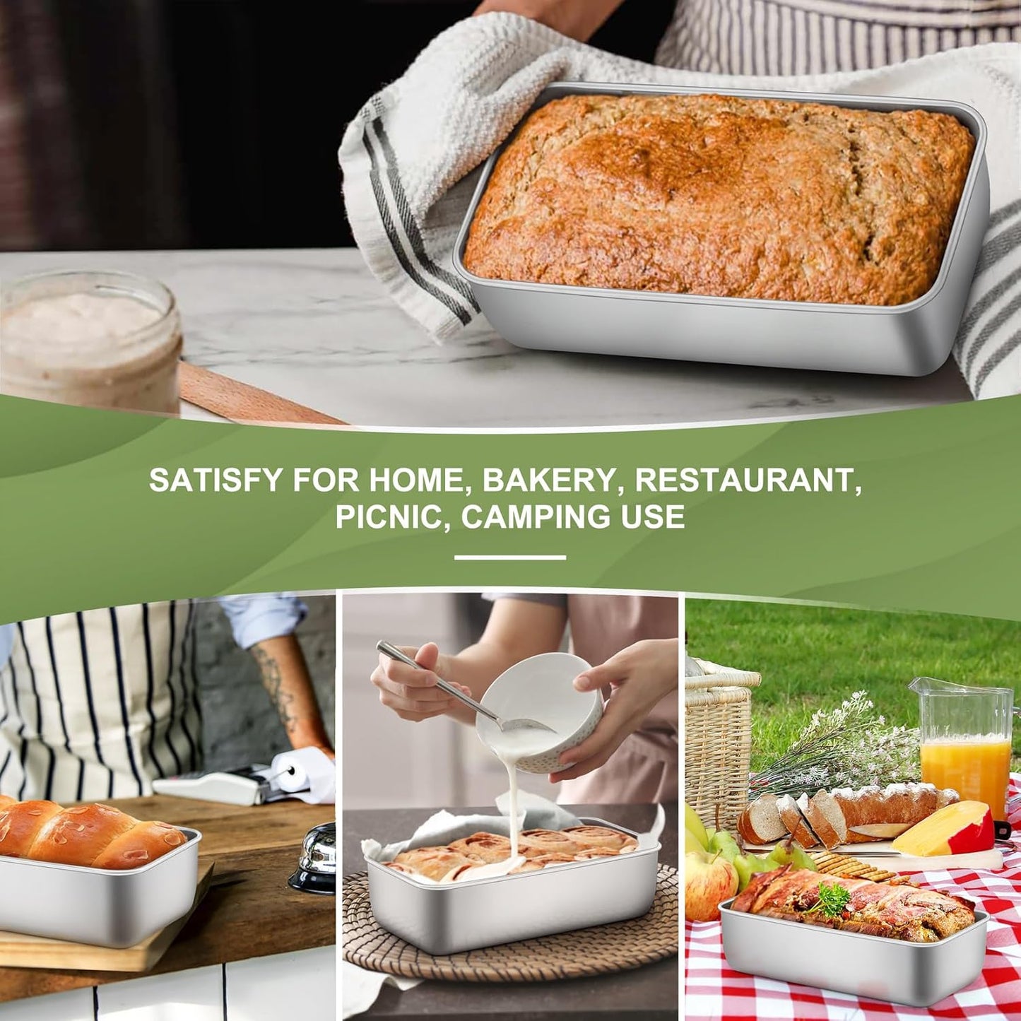 P&P CHEF Loaf Pan Set, 9 x 5 Inch Bread Pans, Stainless Steel Loaf Toast Baking Pans For Bread Meatloaf Lasagna Cake, Healthy & Non Toxic, Oven & Dishwasher Safe,(Silver, 1Pc)