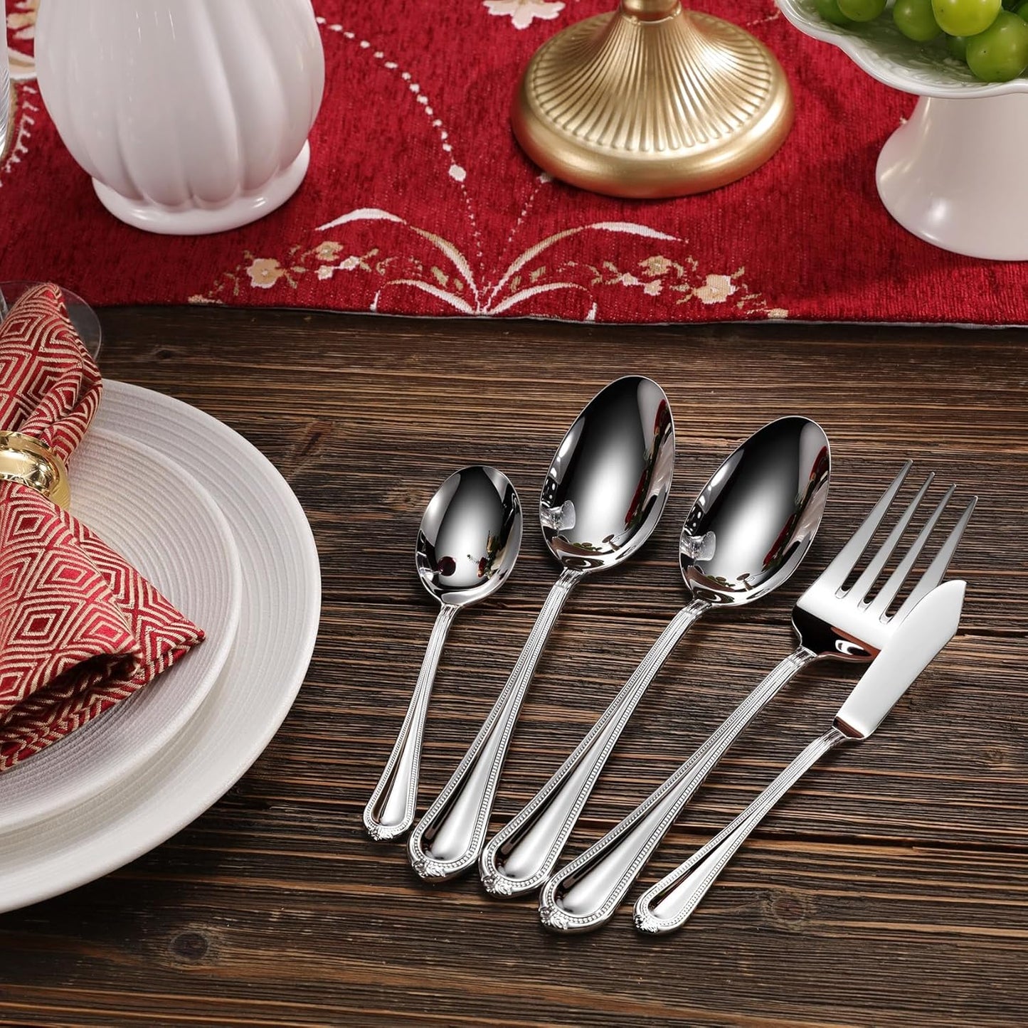 KEAWELL Pearl Edge Premium 65-Piece Refined Bead Silverware Set, 18/10 Stainless Steel, Service for 12, Fine Flatware Set with Serving Utensils, Dishwasher Safe (65, Silver)