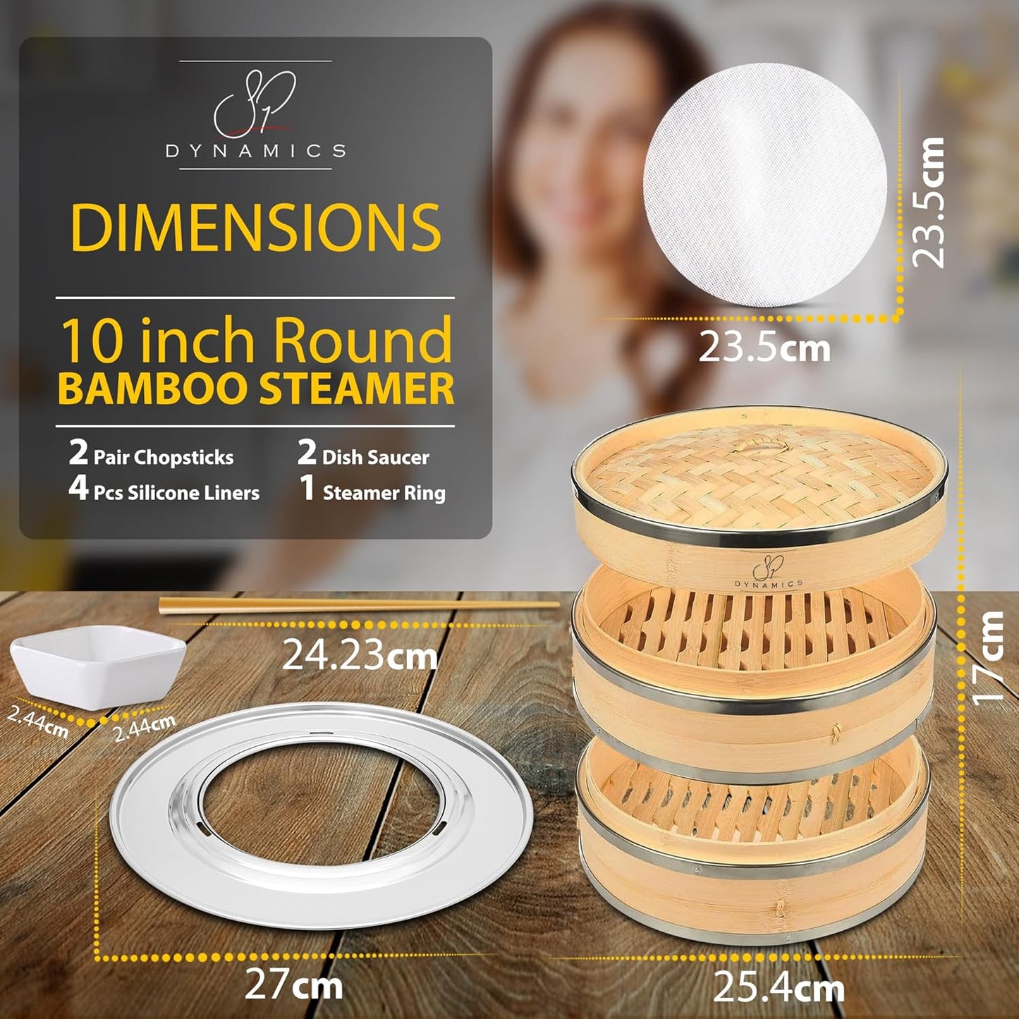 Bamboo Steamer Basket Set Chinese Cuisine 10-inch 2 Tiers Vegetable Steaming Basket for Cooking with Chopsticks, Sauce Dishes, and Reusable Liners - Dumpling Steamer Baskets