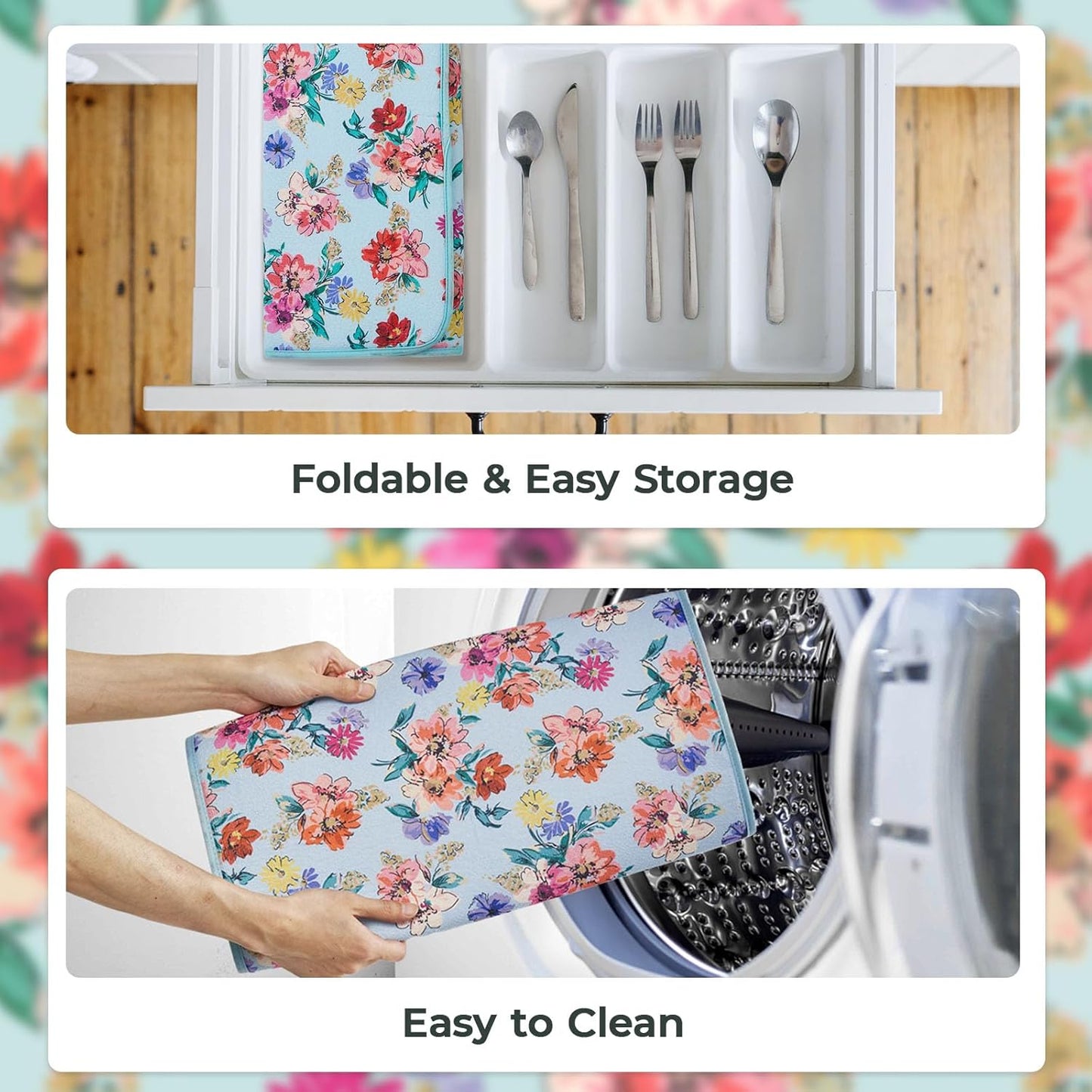 FRESHMINT Printed Dish Drying Mats for Kitchen Counter 2 Pack Absorbent Reversible Drying Mats Microfiber Kitchen Countertop Protector Dishes Drying Pad Extra Large 18"x16" Dish Mat