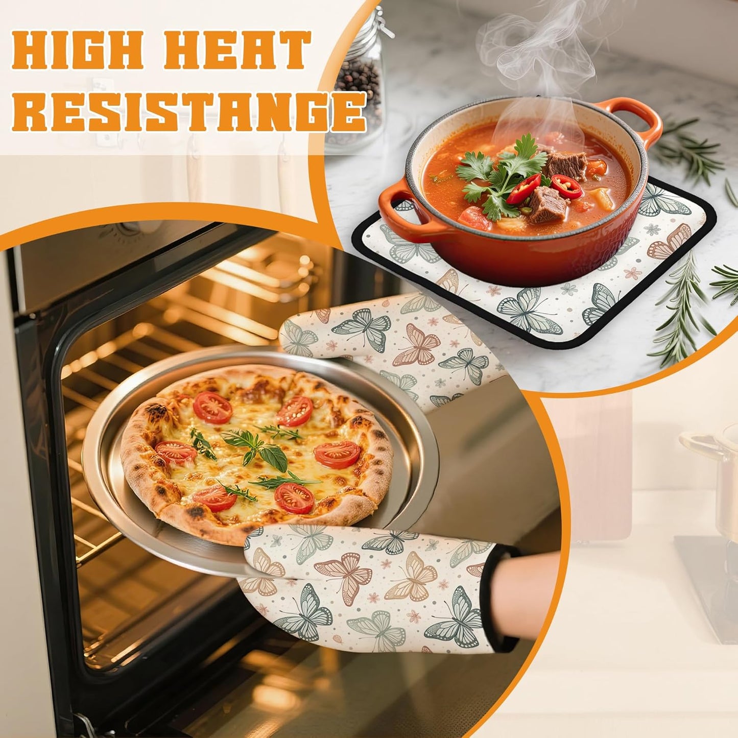 Butterfly Vintage Oven Mitts and Pot Holders Set,Boho Kitchen Decor Heat Resistant Non Slip Hot Pads and Oven Mitt for Chef Cooking Baking BBQ Mom Girl Gifts(4 Piece Set)