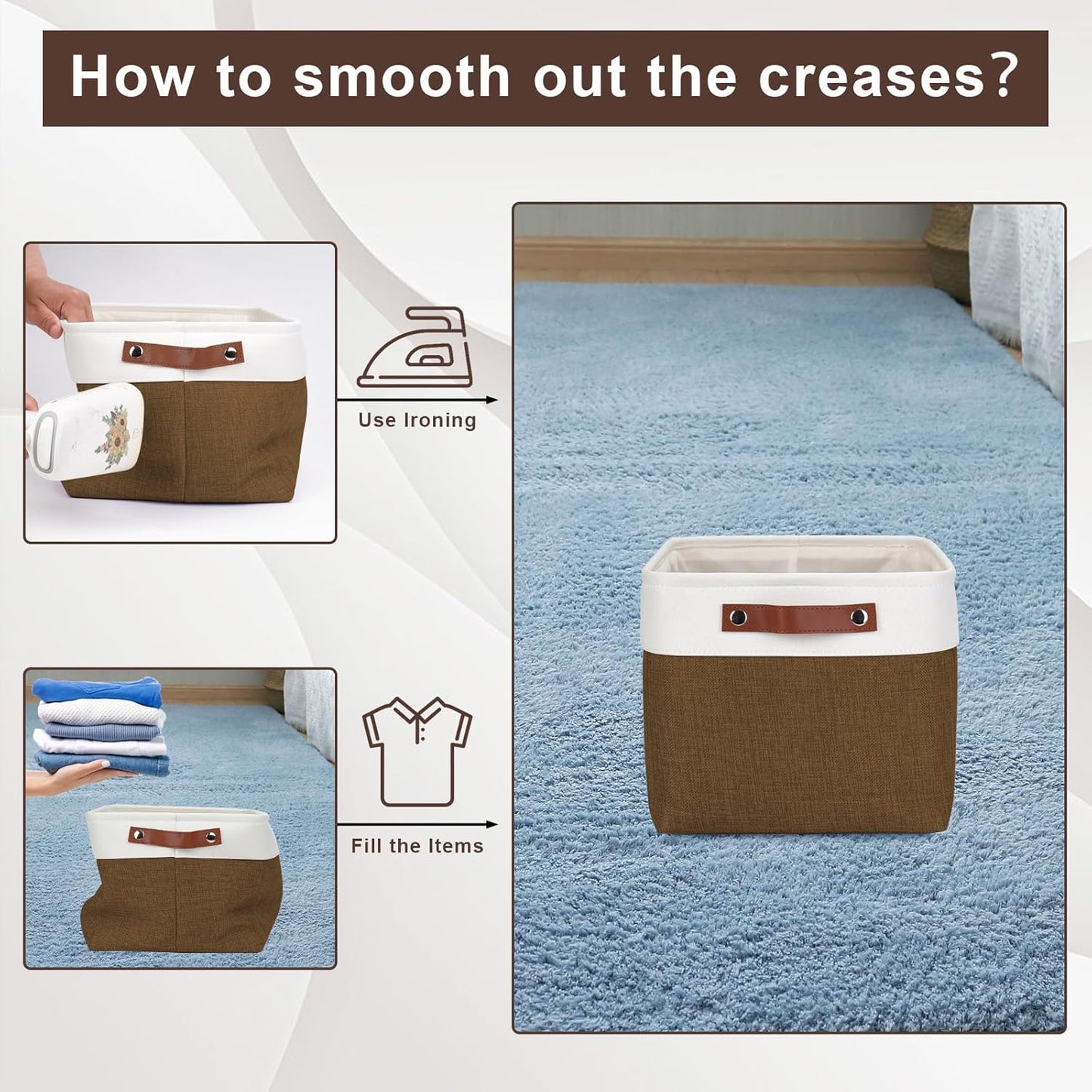 Storage Bins Large Fabric Storage Baskets for Shelves 3 Pack, Decorative Linen Closet Baskets with Handles for Organizing, Shelf, Clothes, Home, Office, 15x11x9.5Inches (Brown&White)