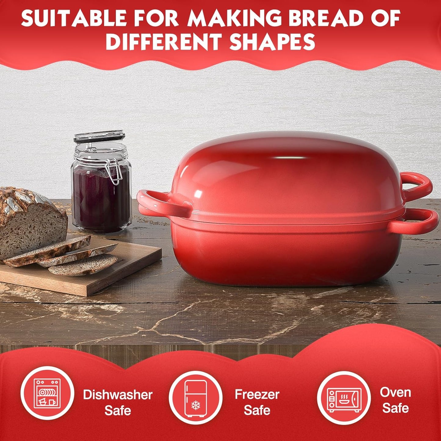 Dutch Oven for Bread Baking - 2.5QT Bread Pans for Homemade Bread Cast Iron Bread Pan Dutch Oven Loaf Pan with Lid and Loop Handles for Homemade Breadmaking, Red