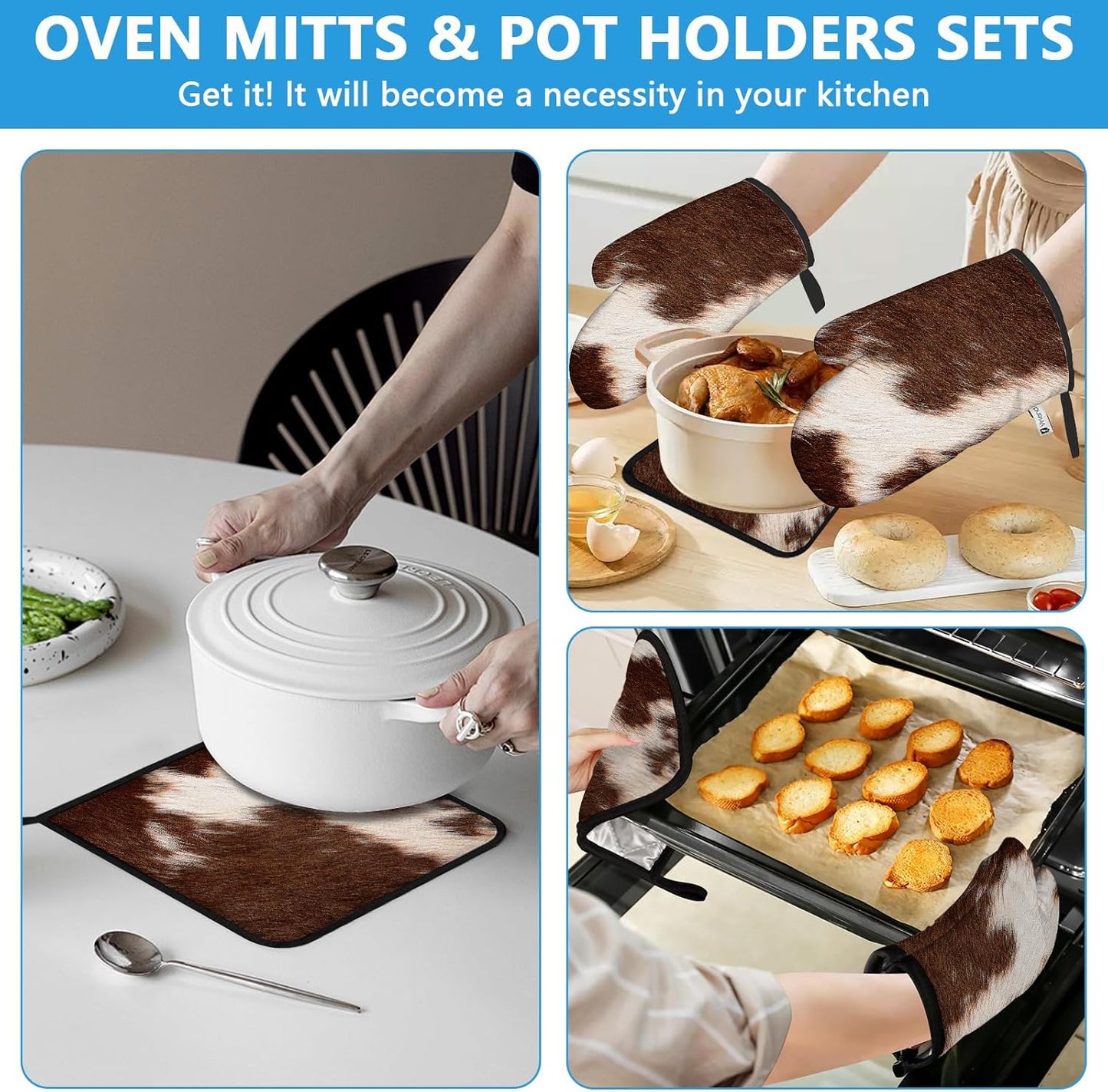 Brown Cow Print Oven Mitts and Pot Holders Sets Heat Resistant 4Pcs Potholders Oven Gloves Hot Pads for Kitchen Baking Cooking Grilling BBQ