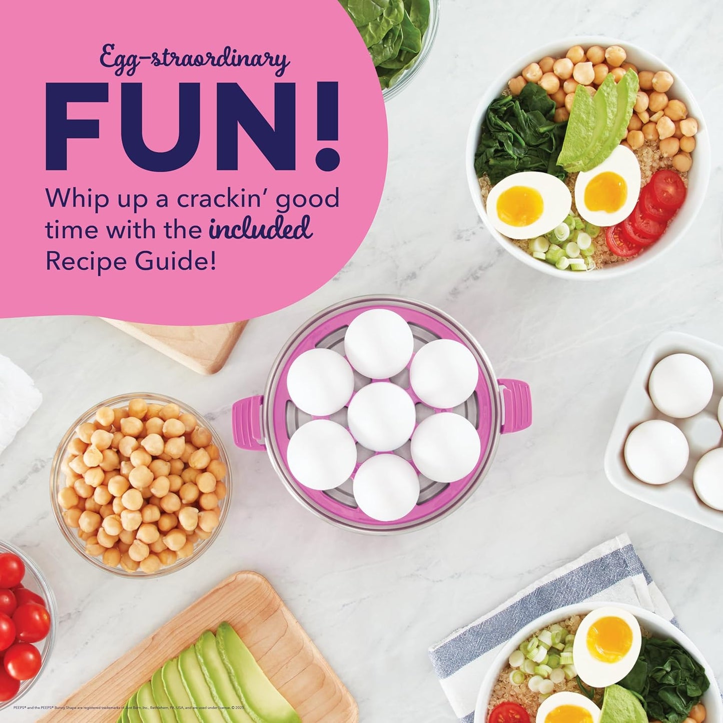 PEEPS x Dash Bunny Rapid Egg Cooker: 7 Egg Capacity Electric Egg Cooker for Hard Boiled Eggs, Poached Eggs, Scrambled Eggs, or Omelets with Auto Shut off Feature - Pink