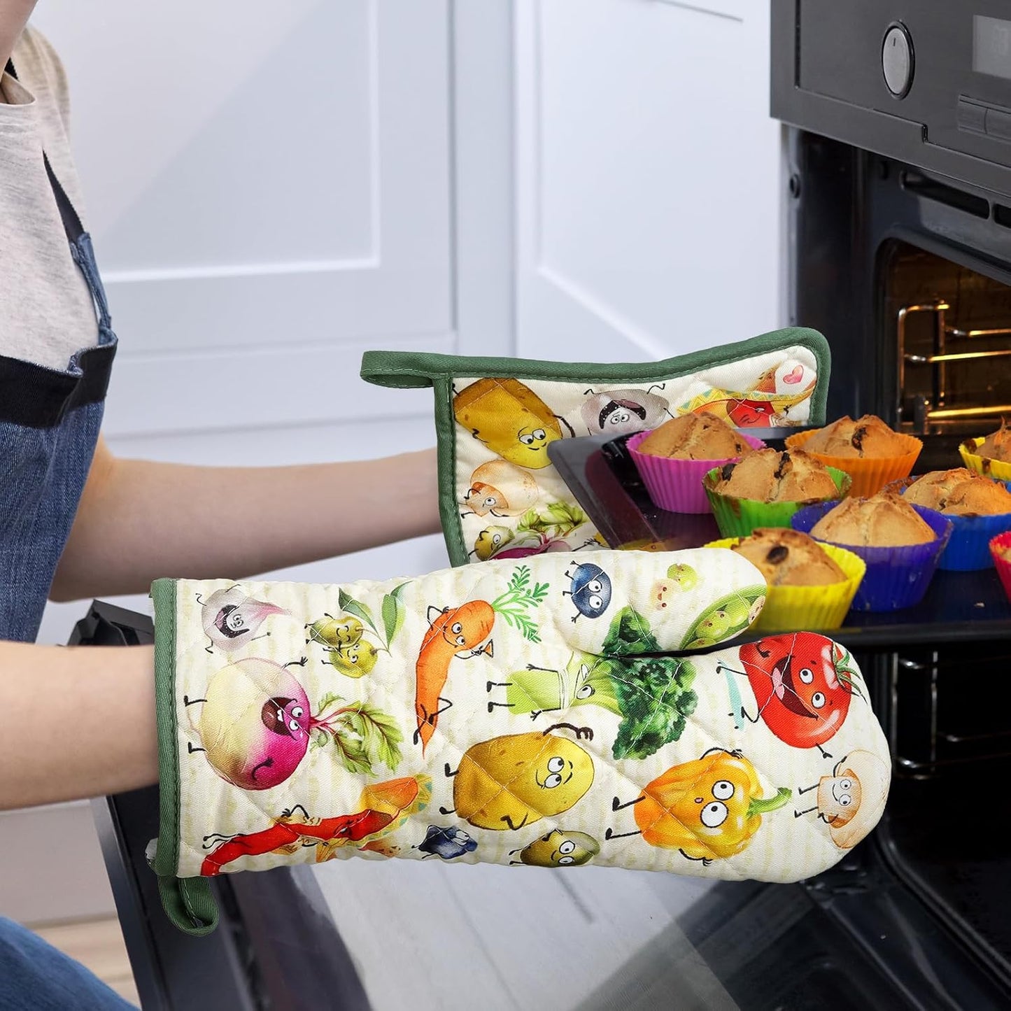 Vegetables Oven Mitts and Pot Holders Sets 2Pcs, 100% Cotton Heat Resistant, Extra Long Oven Gloves Potholder for Kitchen Cooking Baking Decoration