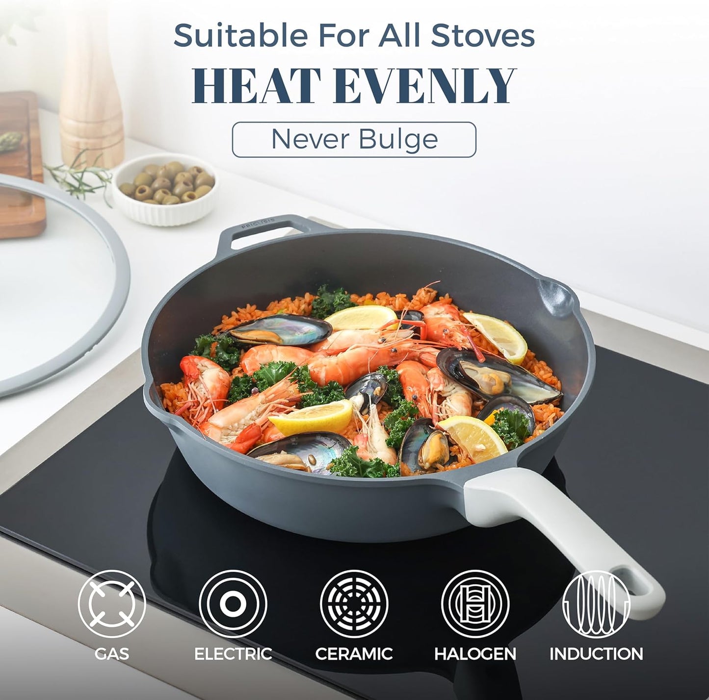 Ceramic Nonstick Deep Saute Pan with Lid, 10/12 Inch Non Toxic Pans with Double Pour Spout, Helper Handle and Lid, Metal Utennsil Safe, Dishwasher Safe, (10 Inch, Gray)