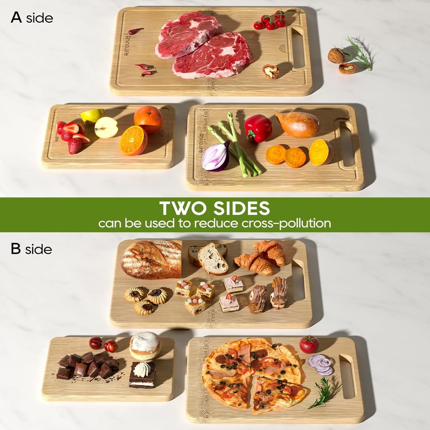 Healthy and Non Toxic & Totally Organic Bamboo Cutting Board Set,3 pack, No Glue & Plastic Free, Juice Groove, Non-solid Wood Cutting Board with hands for Kitchen for Meat, Vegetables and Fruits