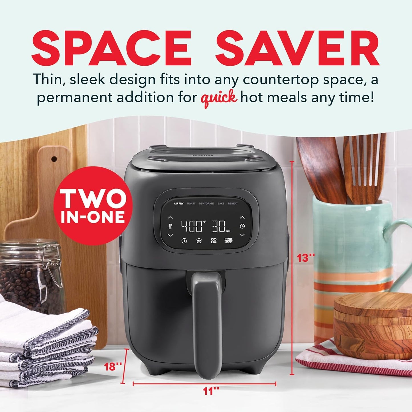 Dash Flip & Fry™ Digital 2-in-1 Grill + Air Fryer with 5 functions, 7 Qt Capacity, Air fryer & Indoor Grill for fries, wings, burgers and more - Forged Iron