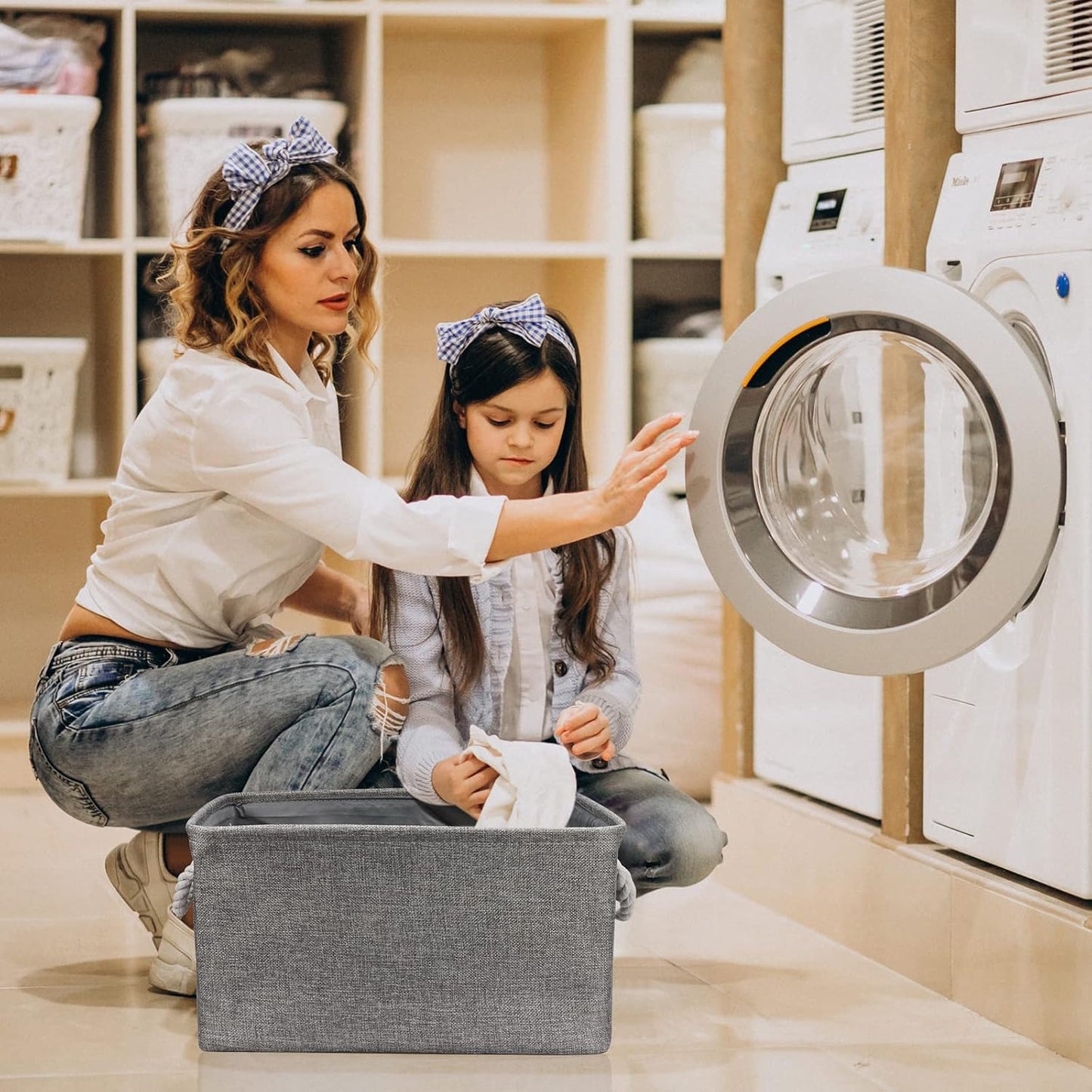 TheWarmHome Storage Bins - Medium 3 Pack Storage Baskets for Organizing Shelves | Fabric Storage Cubes Organizer for Linen Closet Nursery Home Decor Grey