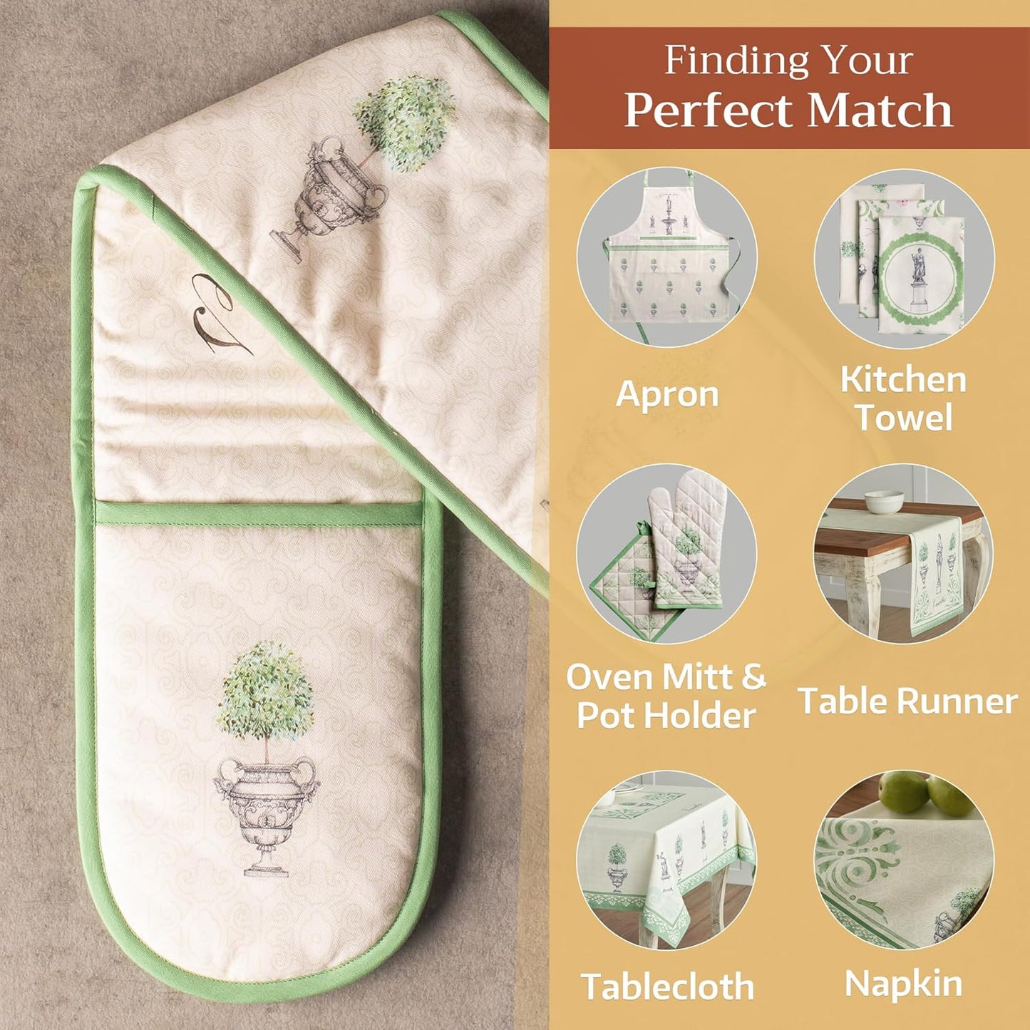 Maison d' Hermine Double Oven Mitts 100% Cotton 7"x35" Double Oven Mitt Heat Resistant BBQ Cooking Gloves with Loop, Baking, Grilling, Home, Kitchen, Handling Hot Pans Spring Summer (Jardin Du Roy)