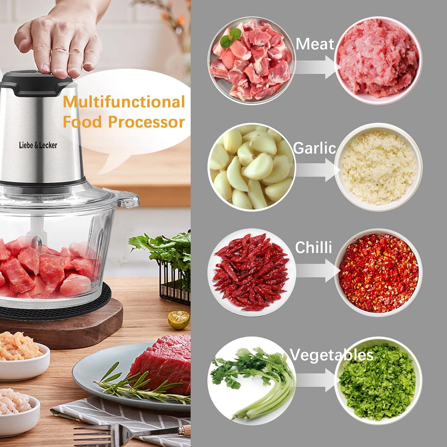 Liebe&Lecker Food Processor, Meat Grinder with 2 Bowls 8 Cup and 8 Cup, Food Chopper Electric Vegetable Chopper with 4 Large Sharp Blades for Fruits, Meat, Vegetables, Baby Food, Nuts, 2 Speed.