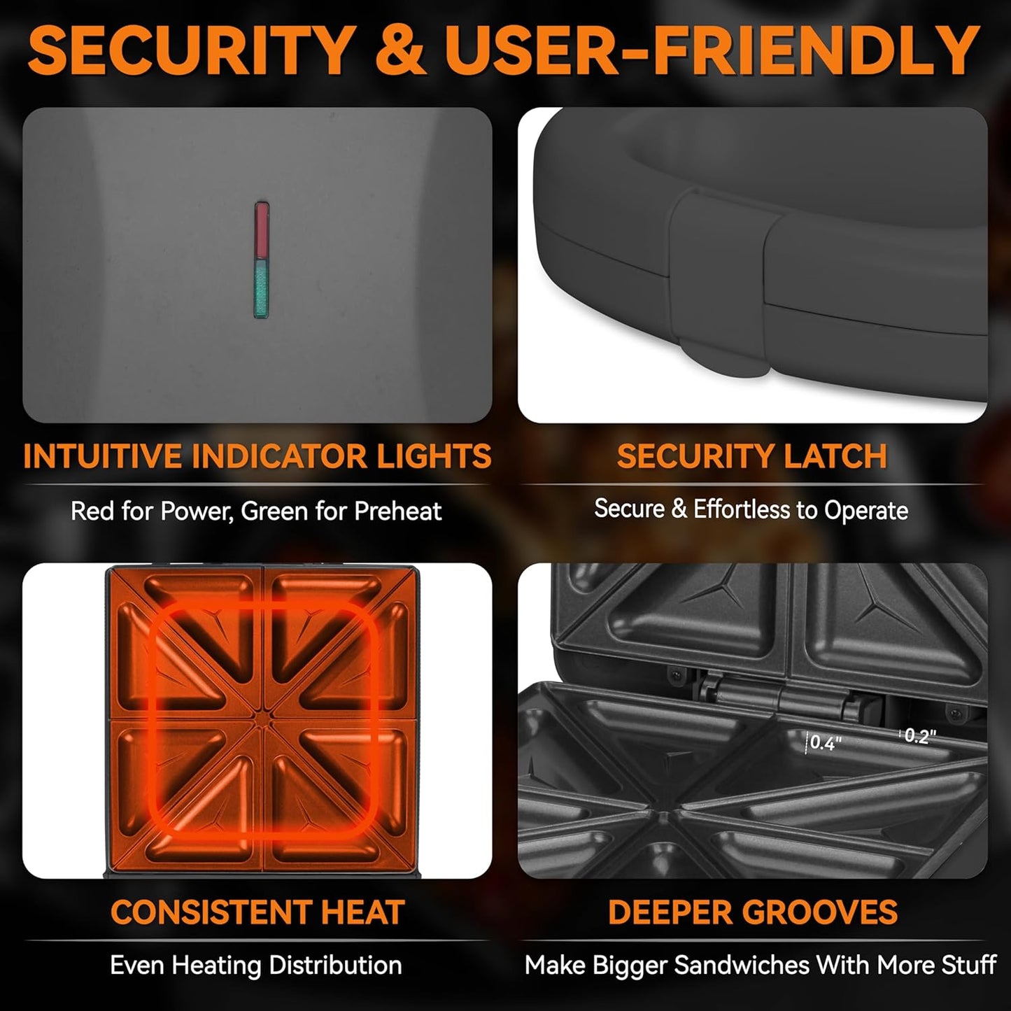 Baker’s Friend Breakfast Sandwich Maker, 4 Slices of Panini Grill Press Sandwich Maker, Electric Sandwich Maker with Indicator Light, Grill Cheese & Egg Muffin Sandwich Maker, Graphite