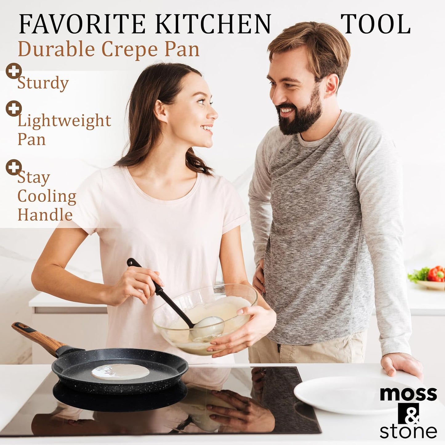 Moss & Stone 9.5 Inch Nonstick Crepe Pan with Spreader, Dosa Pan for Roti Dosa Tawa Comal Para Tortillas, Ceramic Flat Skillet Pan Induction Compatible, Pancake Pan for Stove Top - Black