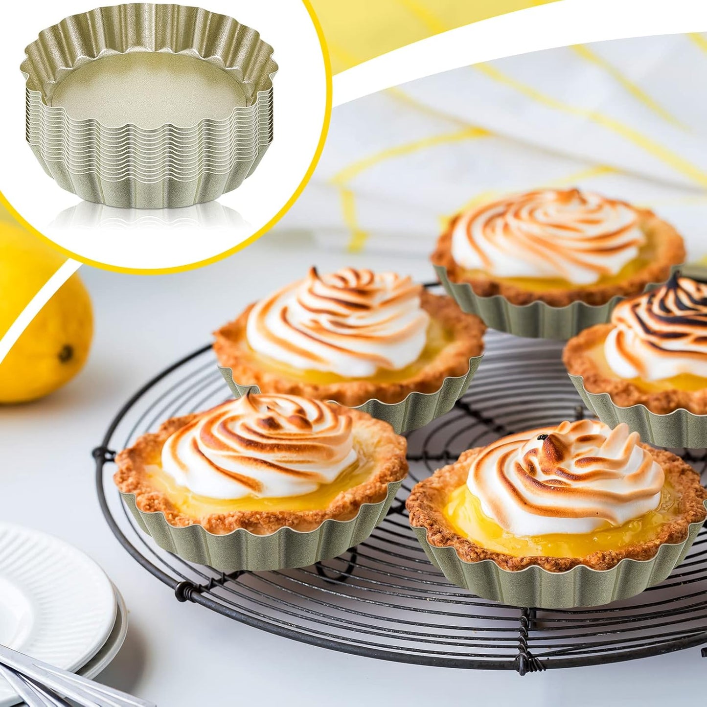 Tessco 16 Pieces Mini Tart Pans with Removable Bottom Nonstick Quiche Mini Pie Tart Pans Bakeware Mold Fluted Side for Pies(Gold Round,4 Inch)
