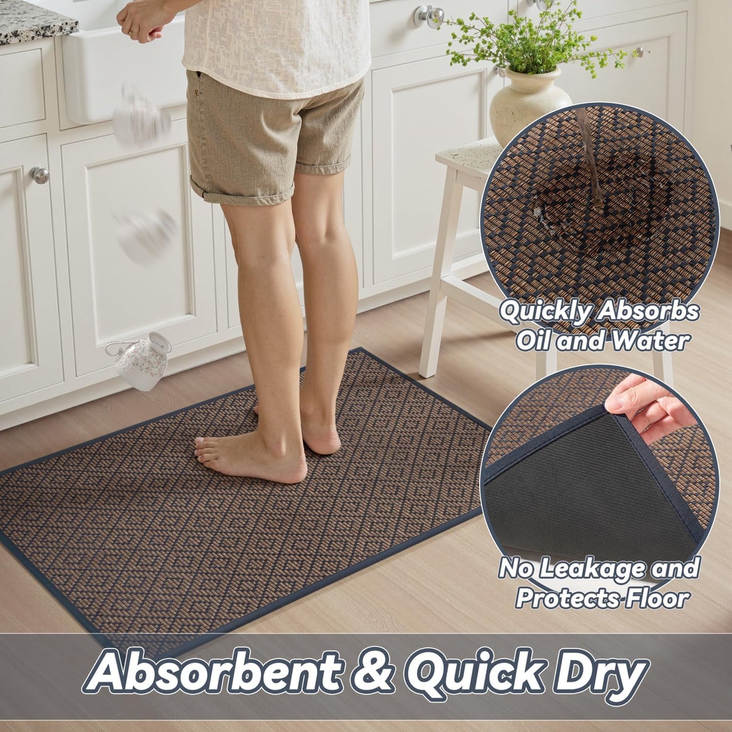 PADOOR Kitchen Runner, Rubber Backed Kitchen Runner Rugs Non Skid Washable, Super Absorbent Kitchen Mats for Floor Front of Sink, 20"x47" Blue