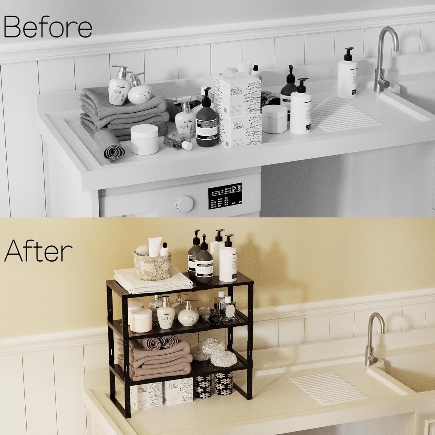 Heavy-Duty Adjustable Metal Shelf Organizer - Expandable & Stackable Pantry Storage Rack for Kitchen, Bathroom, RV, Cabinets(1 Pack/Black, Medium)