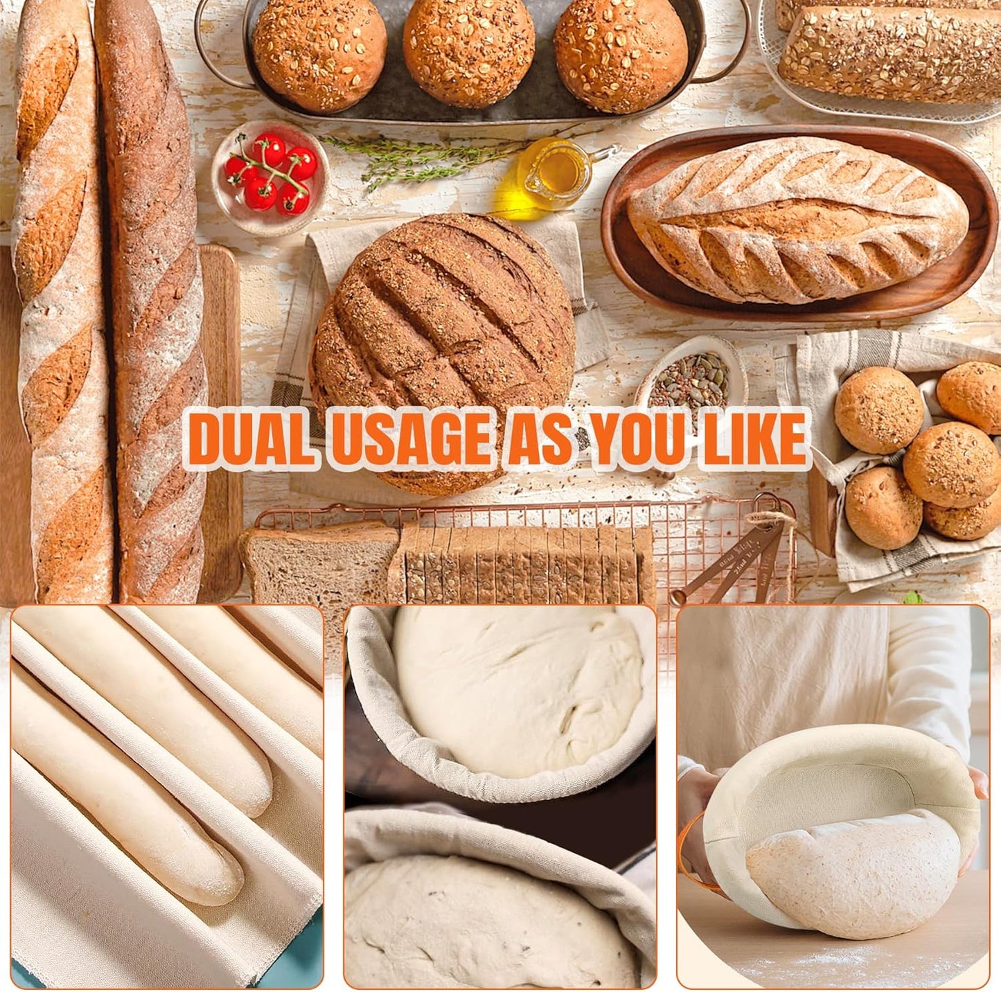 HASHMUST Banneton Bread Proofing Basket Set, 9 Inch Round & 10 Inch Oval Cotton Rope Proofing Bowls with Liners Covers & 14x19 Inch Thick Baguettes Cloth, Sourdough Dough Loaves Baking Supplies Gifts