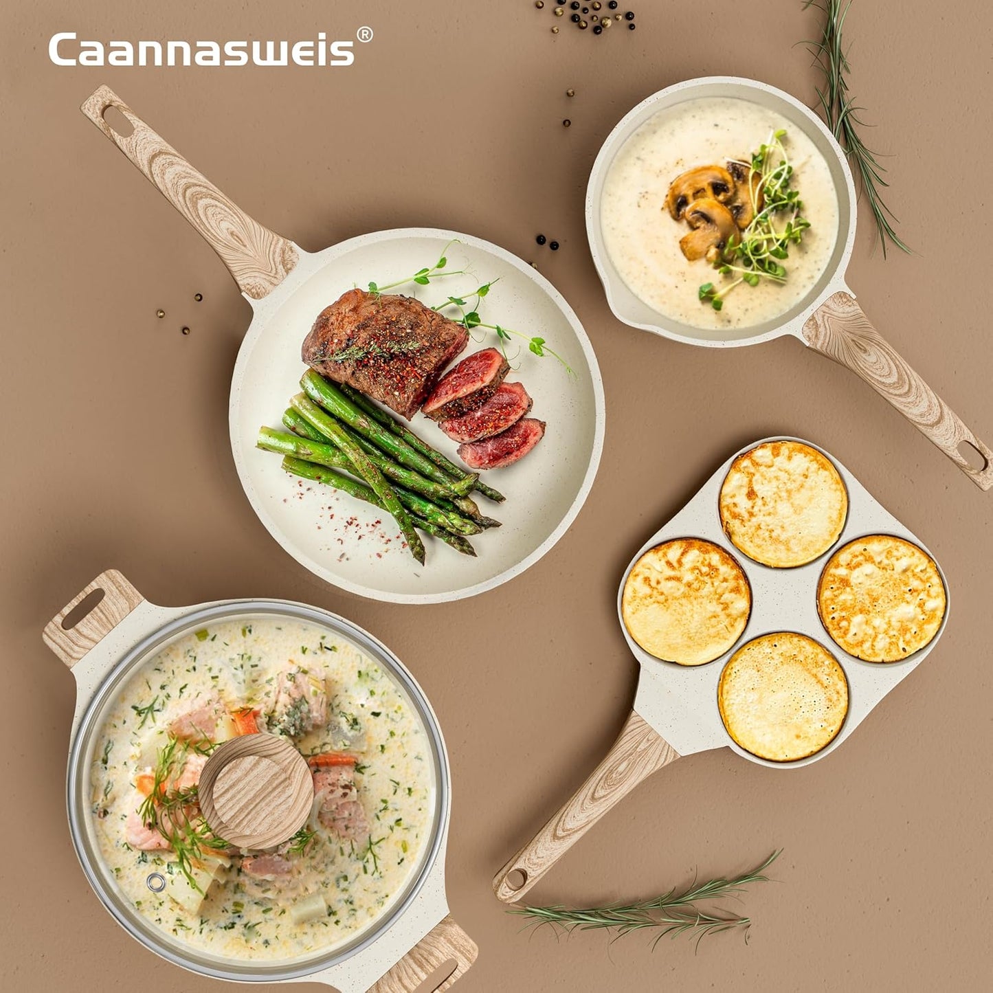 Caannasweis 20Pcs Cookware Sets, Nonstick Pots and Pans Set, Granite Induction Cookware, Non Stick Kitchen Cooking Set, Cream White Egg Pan Set, PFOS PFOA Free