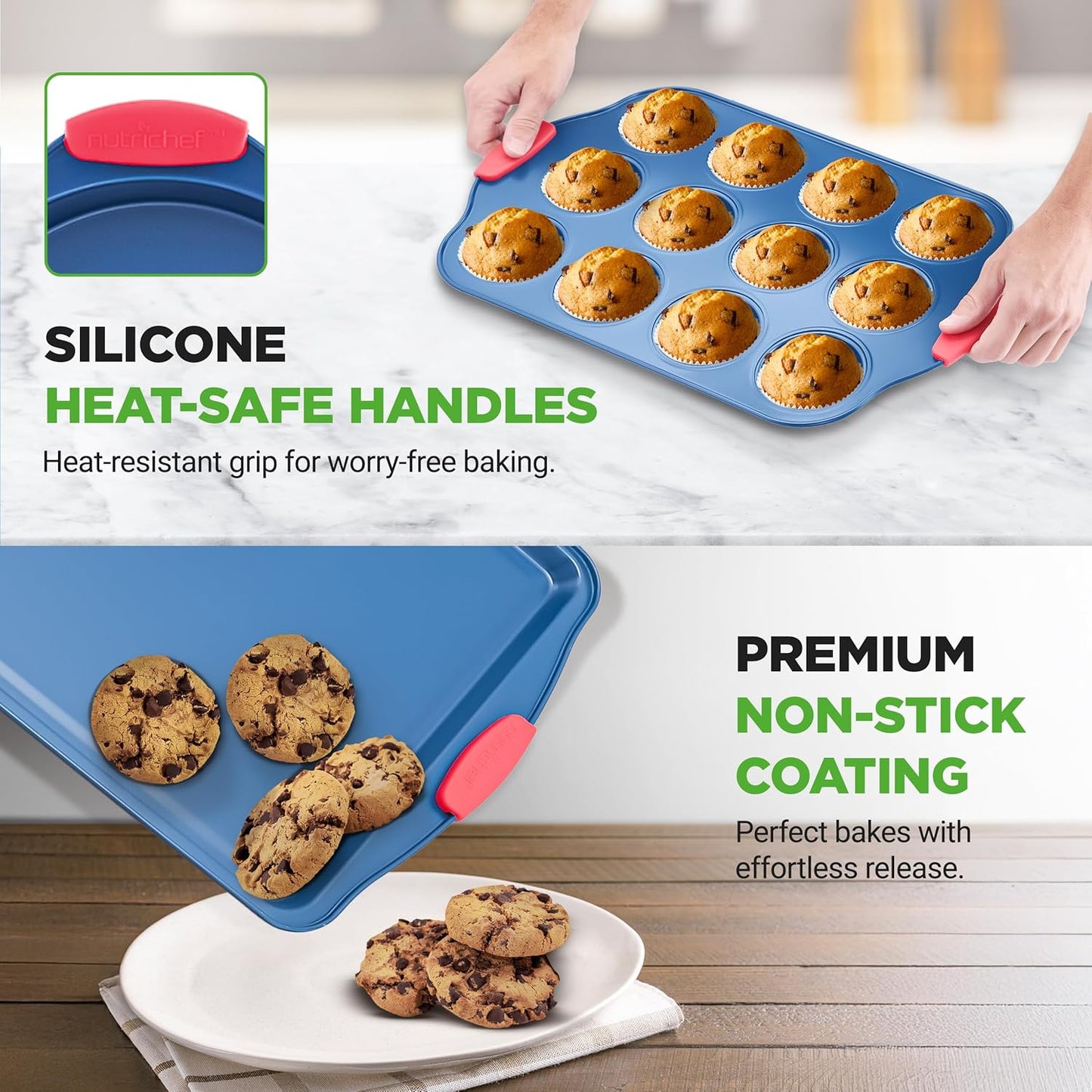 NutriChef 8-Piece Nonstick Baking Pan Set - Premium Carbon Steel Bakeware w/ Silicone Handles - Includes Pizza Tray, Loaf Pan, 12-Cup Muffin Pan, Round/Square Pans, & Cookie Sheet - Blue